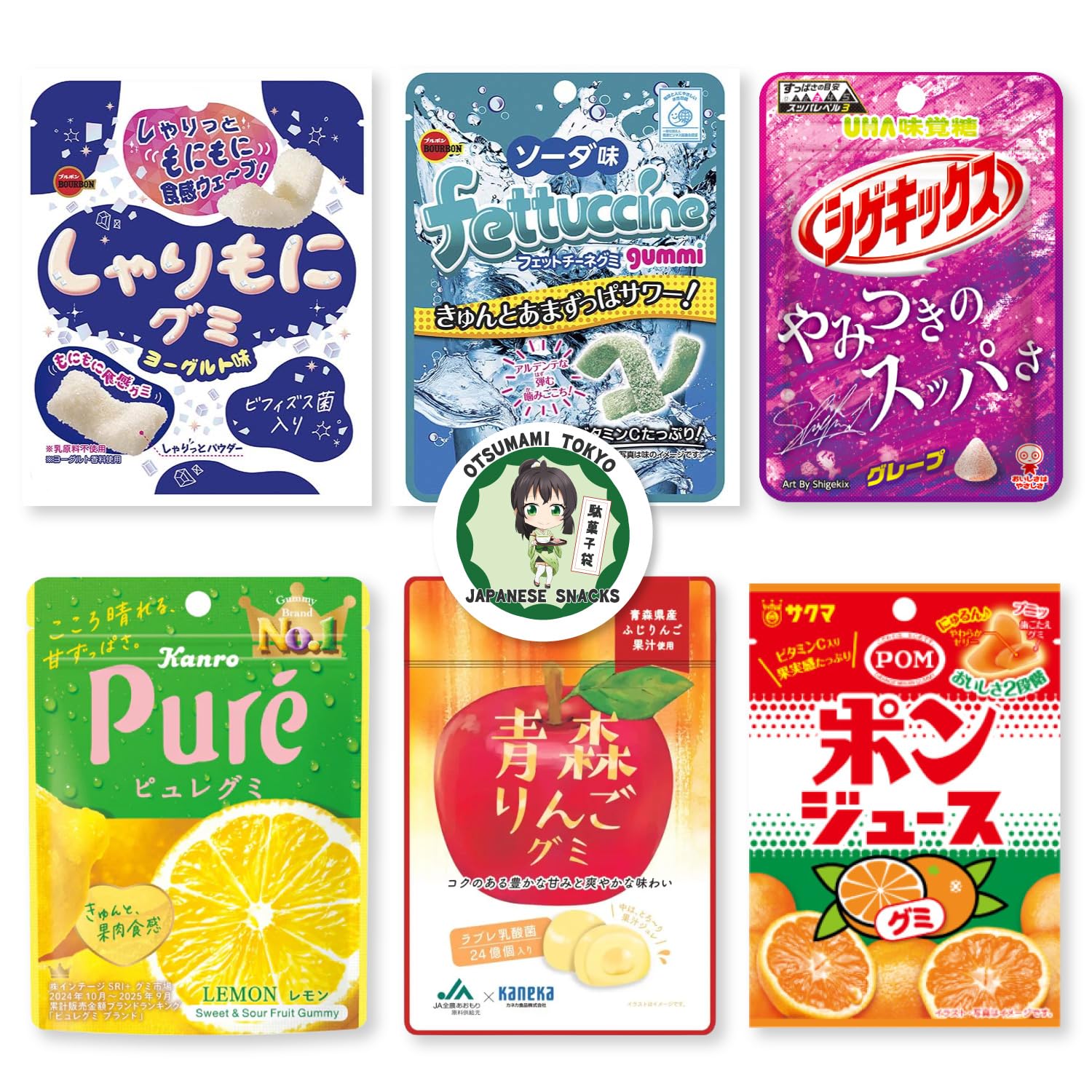 Japanese Gummy Candies 6pcs Set, 13oz, Various Chewiness, Soft, Hard, Fruity, Soda, Cola, Great for Snacks or Gifts