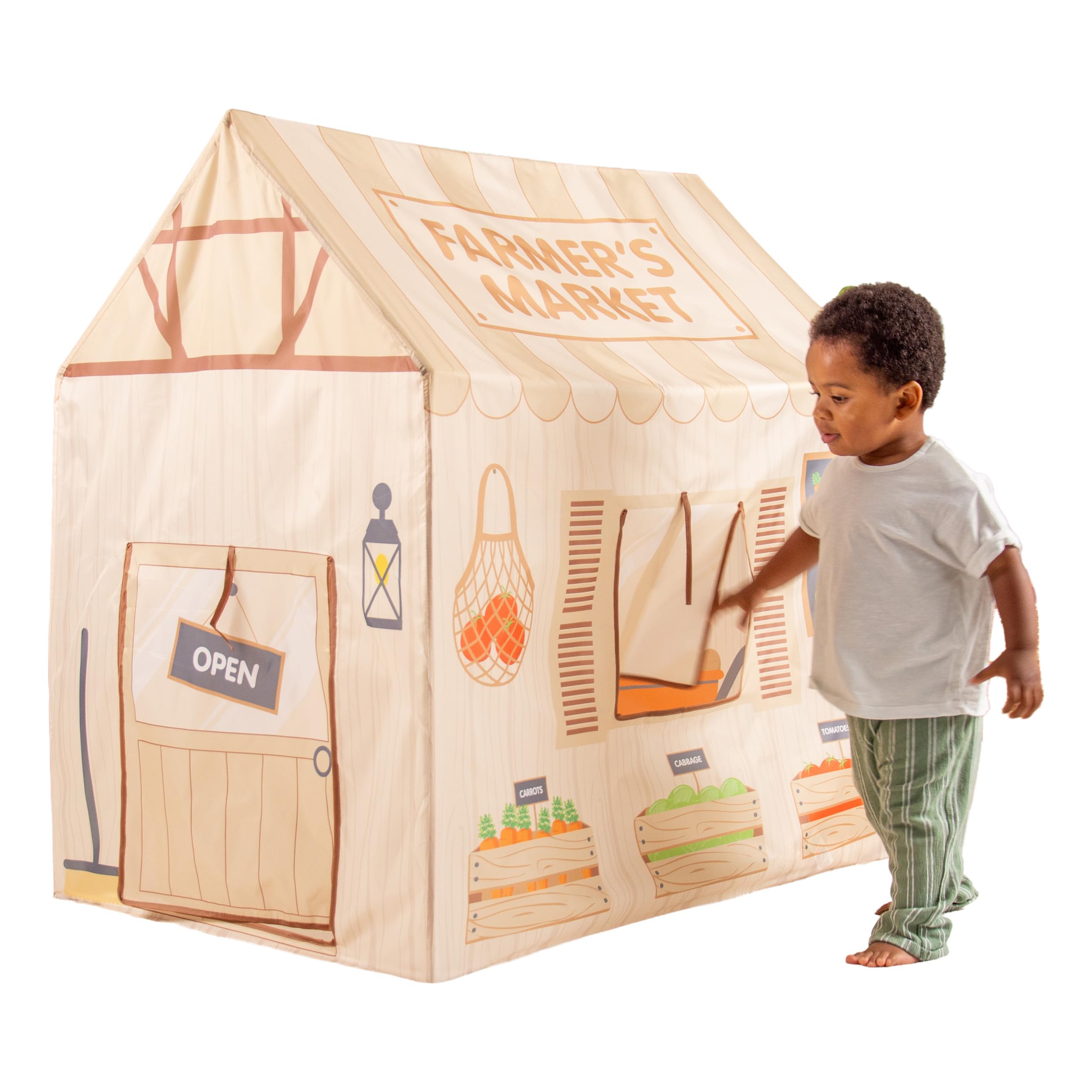 Mookie Activo Farmers Market Play Tent Indoor Outdoor Kids Playhouse Shop Role Play Tent with Roll Up Doors and Windows Storage Bag Easy Assembly Ages 12+ Months