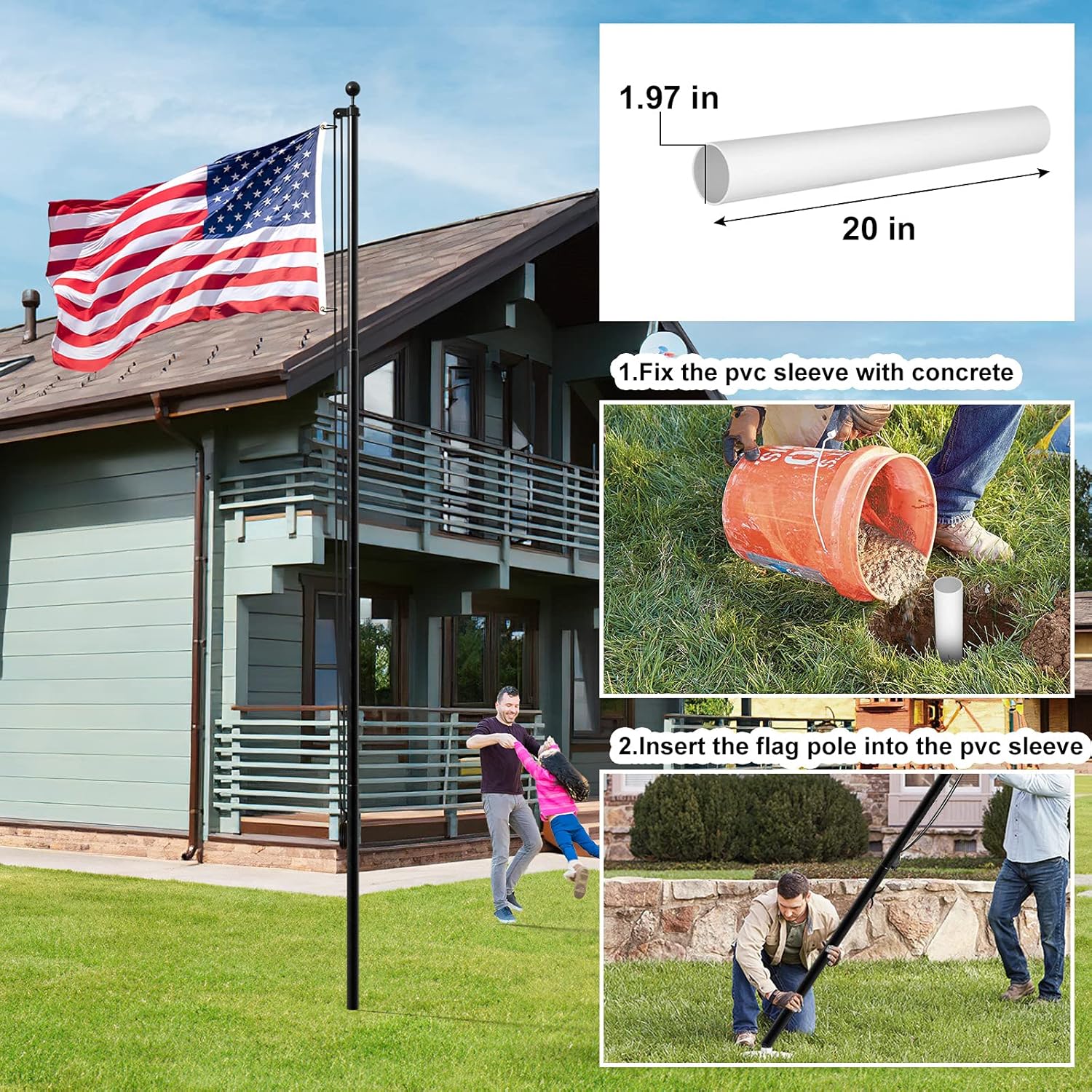 FFILY Flag Pole for Outside In Ground - 20 FT Heavy Duty Flagpole Kit for Yard - Extra Thick Outdoor Flag Poles with 3x5 American Flag for Residential or Commercial, Black : Patio, Lawn & Garden