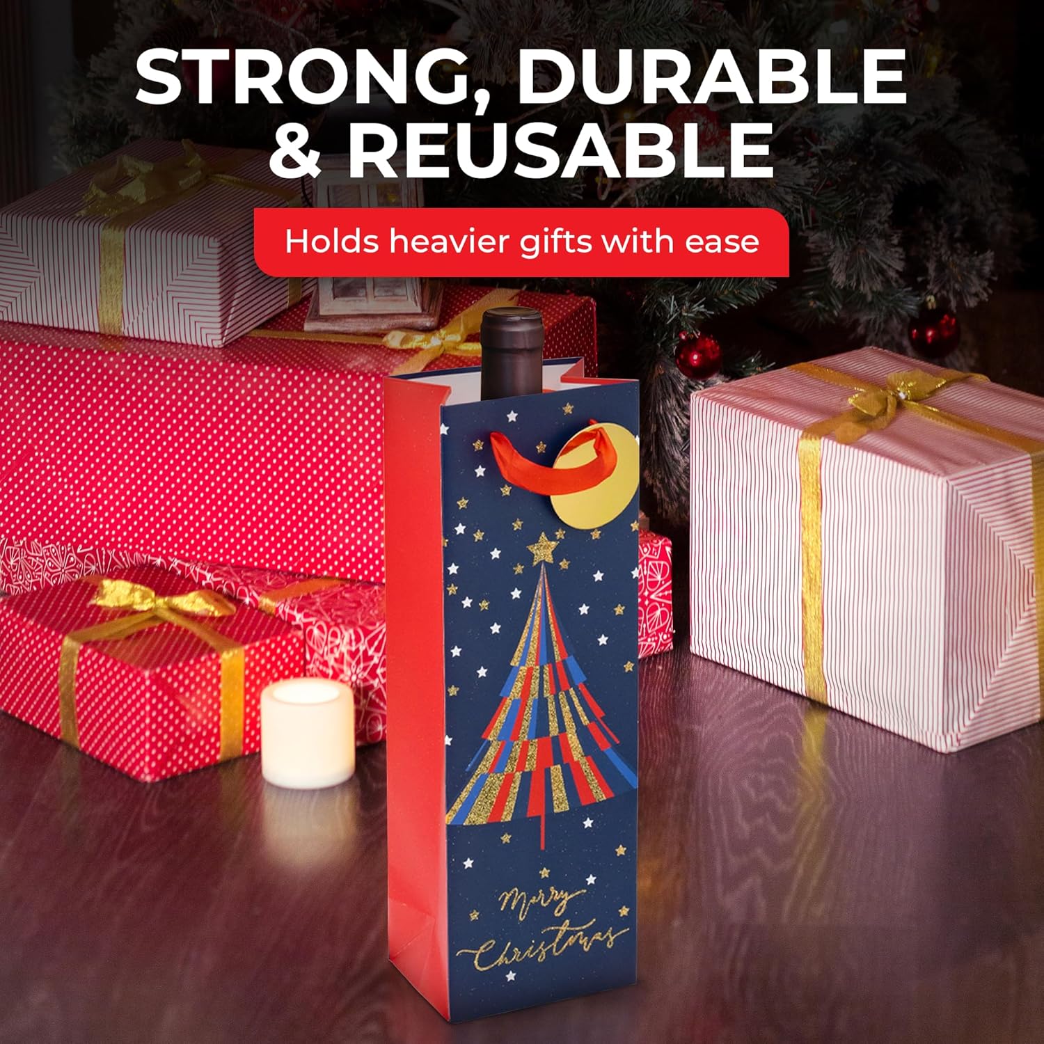RACHELLE'S Christmas Wine Bags – 14"x5"x4" (2-Pack) – Sturdy Paper Gift Bags with Tissue Paper, Tag and Handle – Holiday Trees Design – Perfect for Christmas Holiday Gifting & Party Favors - Image 6