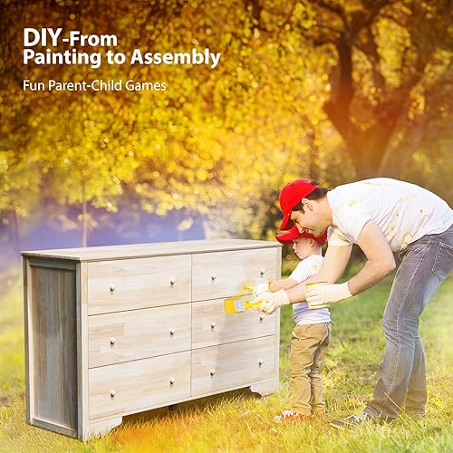 Miniatura 34 de VINGLI Cómoda de 6 cajones sin terminar, cómoda de madera maciza natural, cómoda rústica mejorada con amplias cajoneras de almacenamiento con