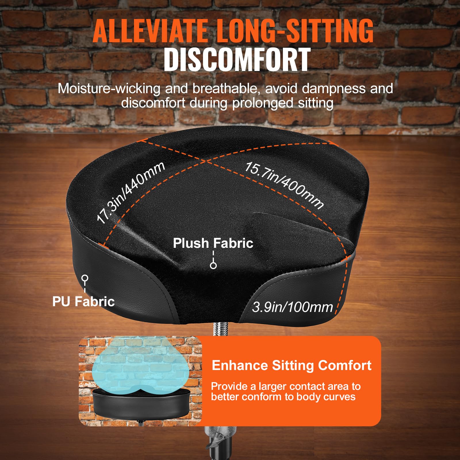 VEVOR Sgabello per Batteria, Sgabello per Batteria Imbottito da 560-705 mm, Altezza Regolabile a Forma di Sella con Piedini Antiscivolo, Bacchette da 5A Portata 227 kg Sedile per Batteristi