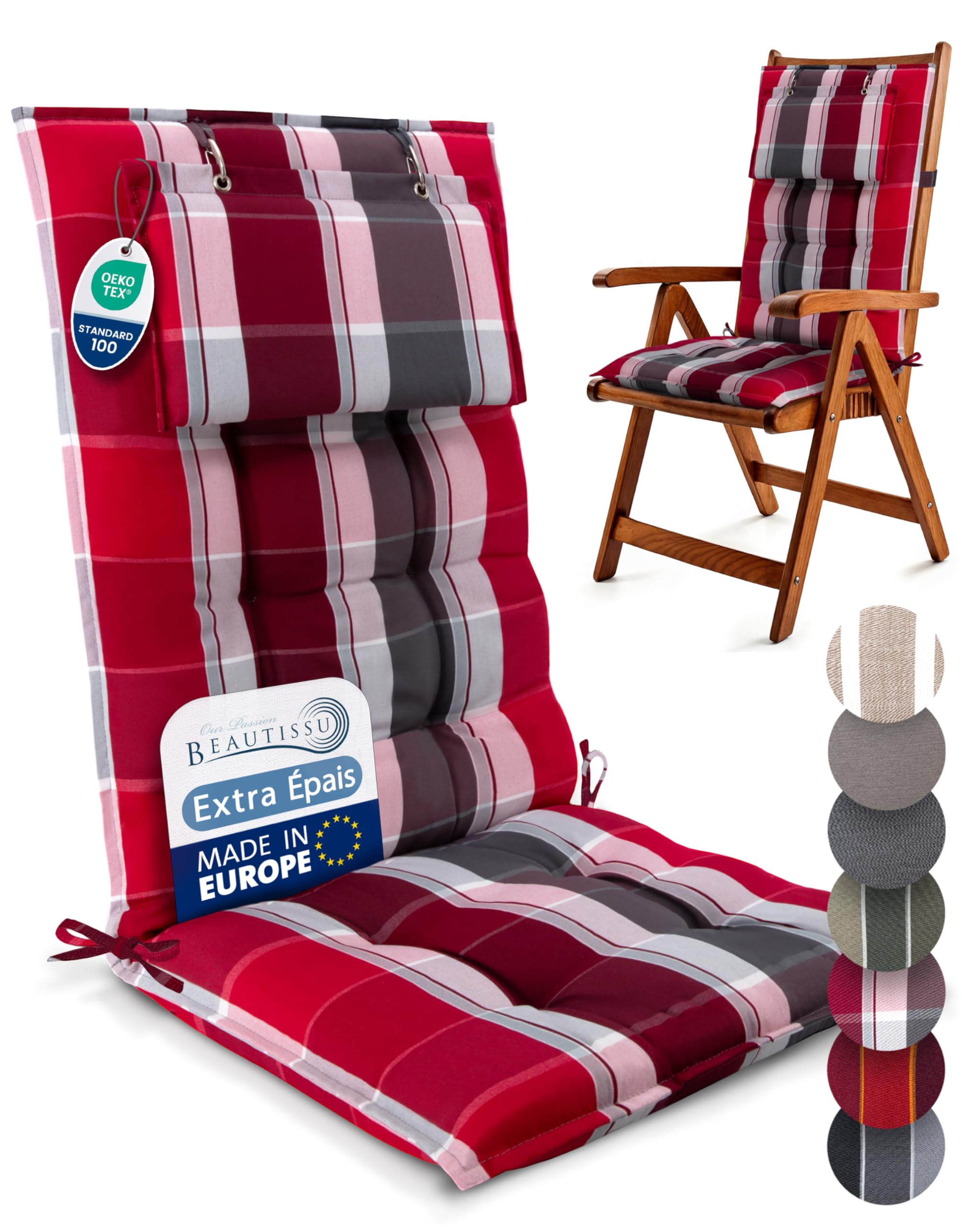 Beautissu Set of 3 Premium Outdoor Chair Cushion High Back with Head Pillow 120x50 cm - UV 8 cm Thick Padding Seat Cushions for Garden Chairs Non-Slip Fastening Straps - Red Anthracite - Sun-HL