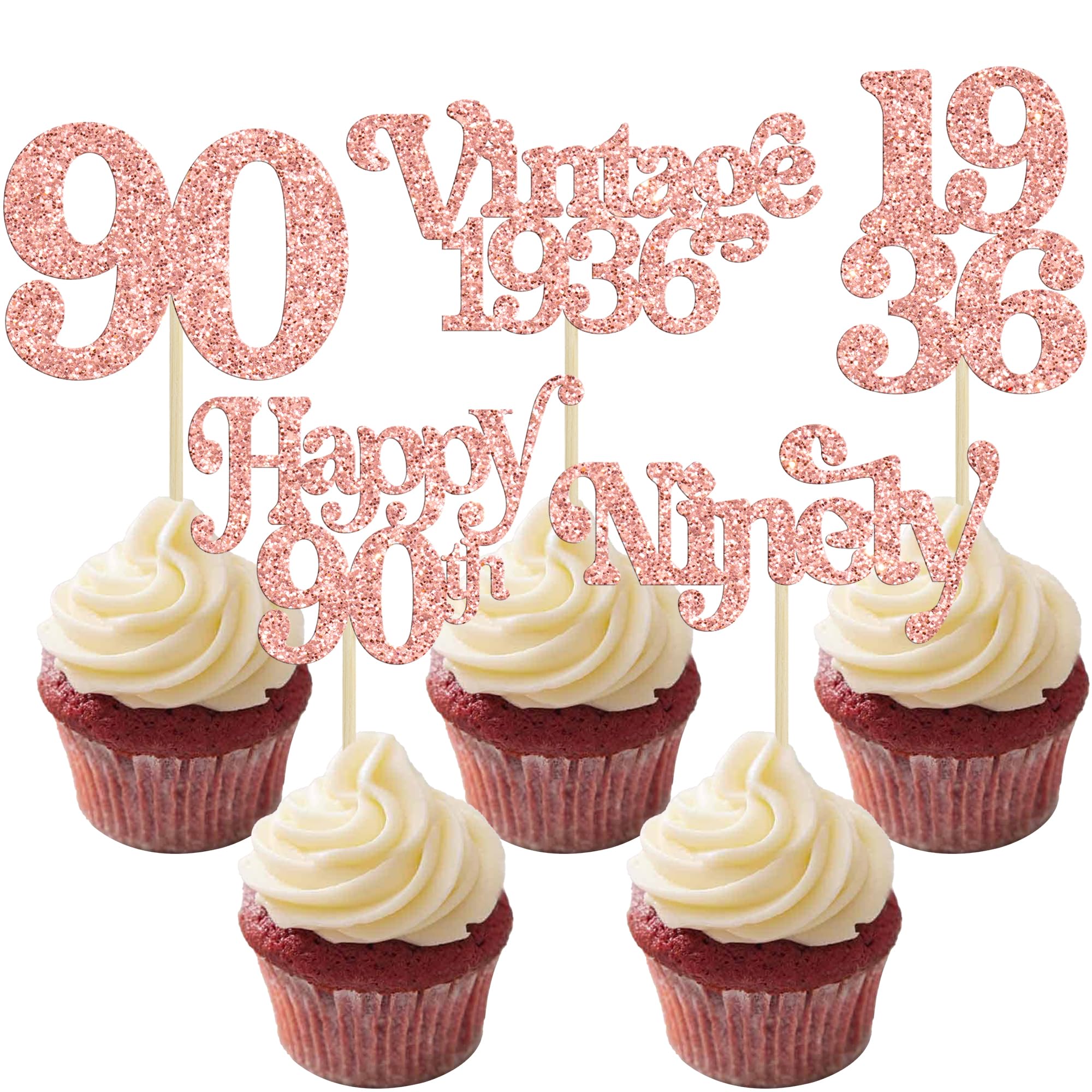 Gyufise 30Pcs 90th Birthday Cupcake Toppers Glitter Vintage 1936 Cheers to 90 Fabulous Ninety Cupcake Picks 90th Birthday Wedding Anniversary Party Cake Decorations Supplies Rose Gold