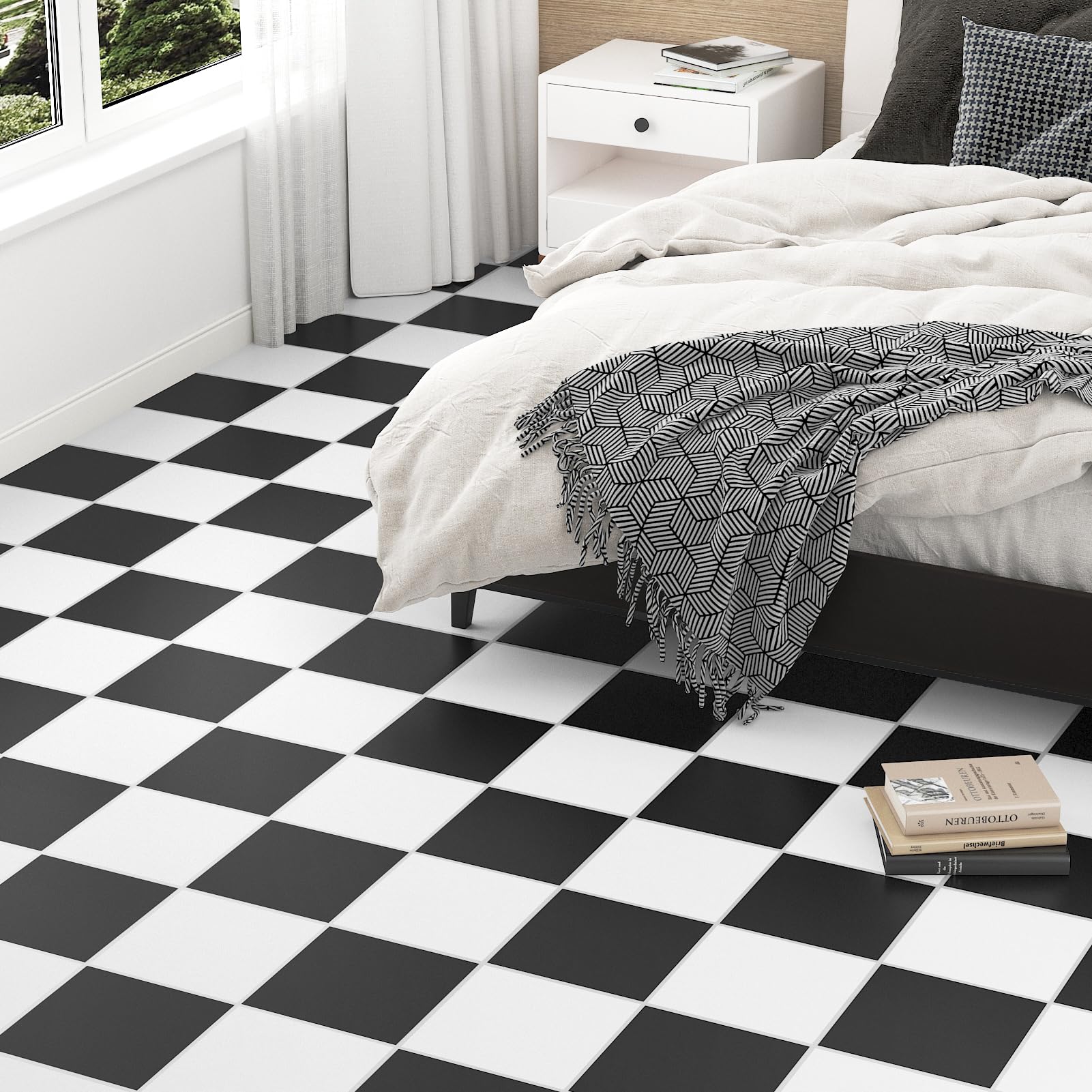 Baldosas Adhesivas Suelo Blanco y Negro Parquet Adhesivo Suelo Vinilo Autoadhesivo Impermeable Para Cocina Baño Losetas Autoadhesivas Blanco y Negro 12 Piezas 30 x 30cm