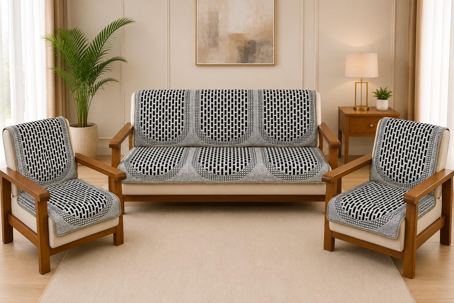 5 Seater Wooden Sofa Cover Set (3+1+1) | Cotton Blend Anti-Slip Sofa Cover with Armrest Covers | Washable Furniture Protector for Living Room | Black & Grey Geometric Design-image-18