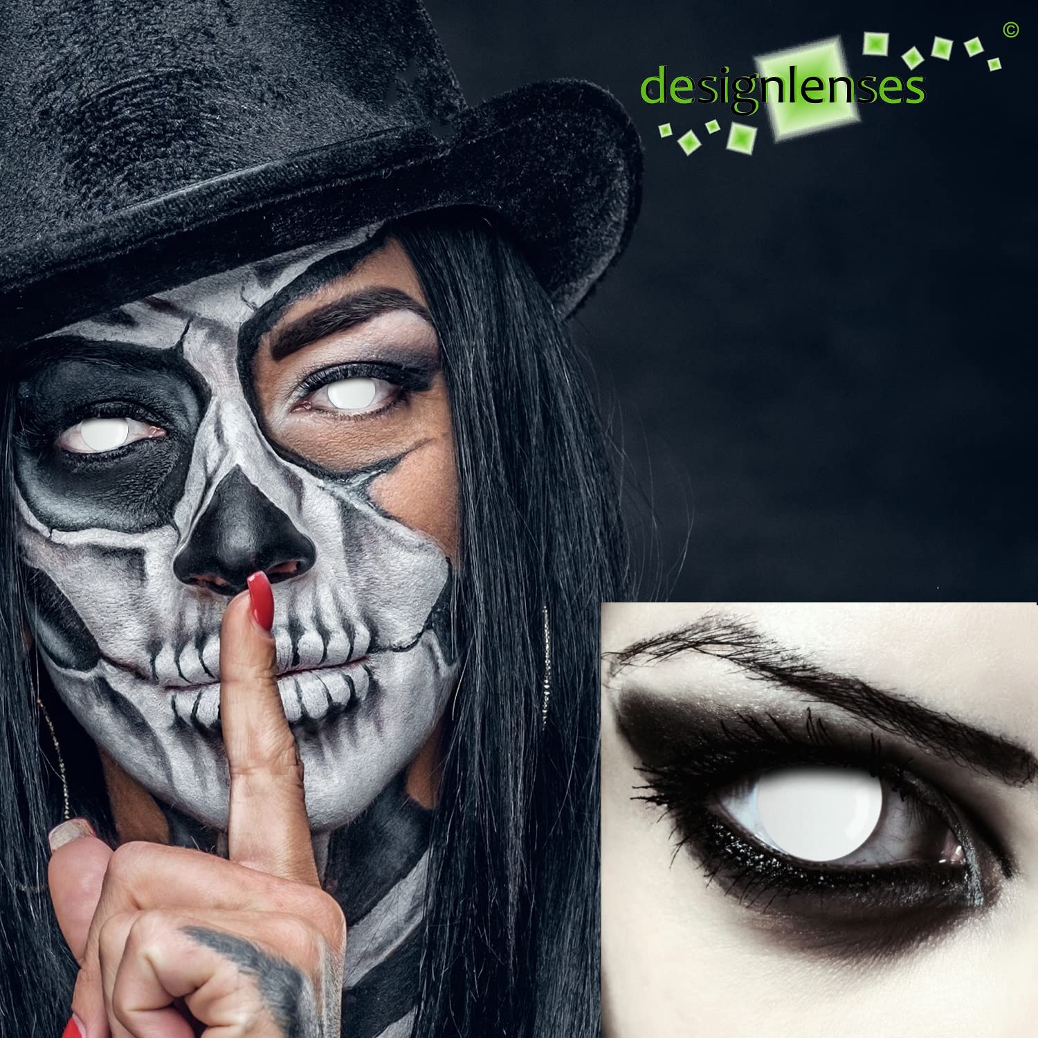 Dos lentillas de color blanco totalmente para Halloween zombie disfraz, 1 par/2 pzs, sin graduación + caso de lente „Blind White"