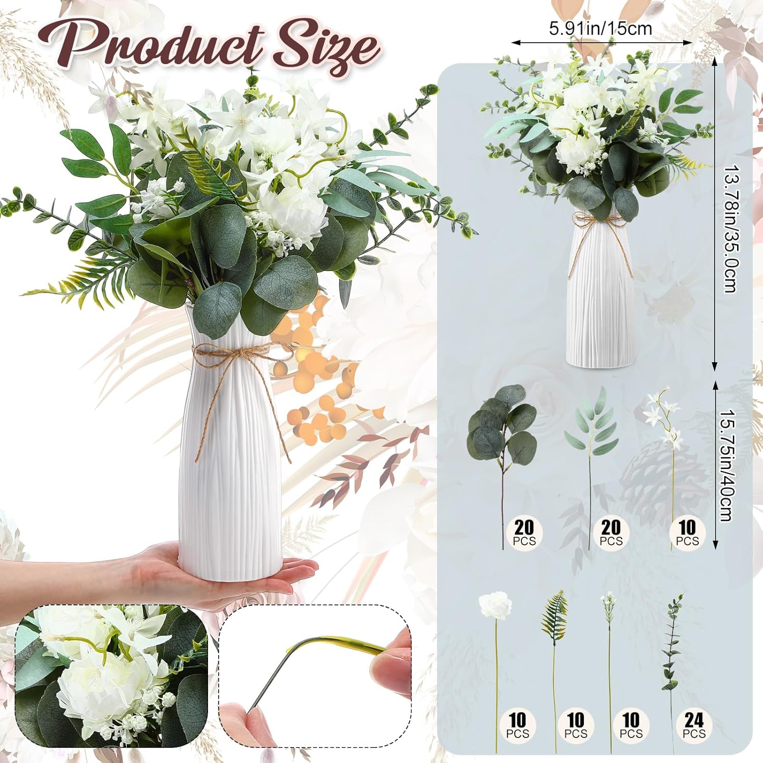 Giegxin 5 Sets Faux Flowers in Vase Fake Flowers with Vase Wedding Centerpiece for Table Faux Eucalyptus Leaves Floral Arrangements for Home Wedding Party Office Patio Tabletop Decoration