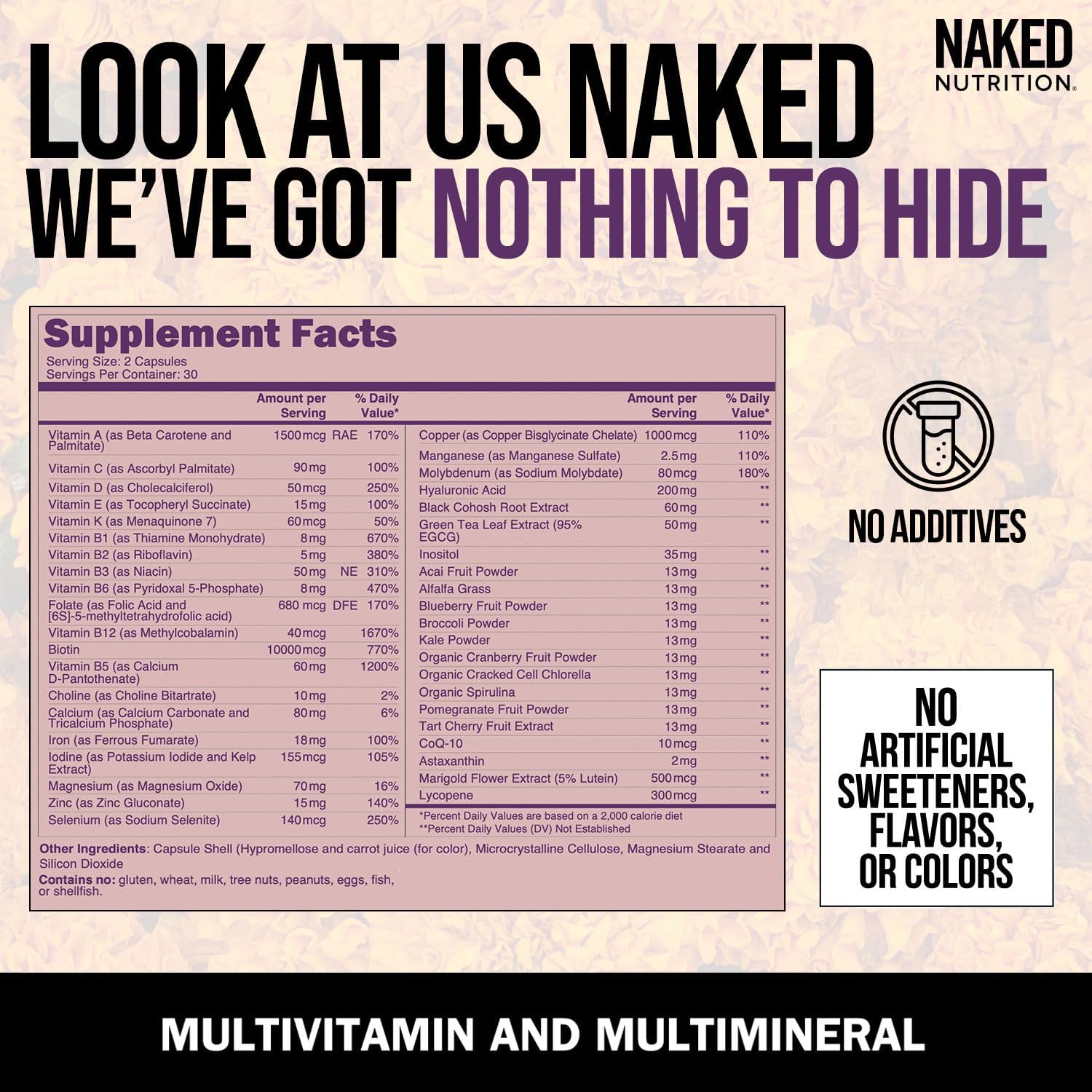 NAKED Nutrition Women's Multi - Daily Multivitamin - Vitamins A, C, E, Selenium, Zinc, Fruit and Super Green Extracts, to Boost Immune Support - Gluten-Free and Vegetarian Vitamins, 60 Capsules