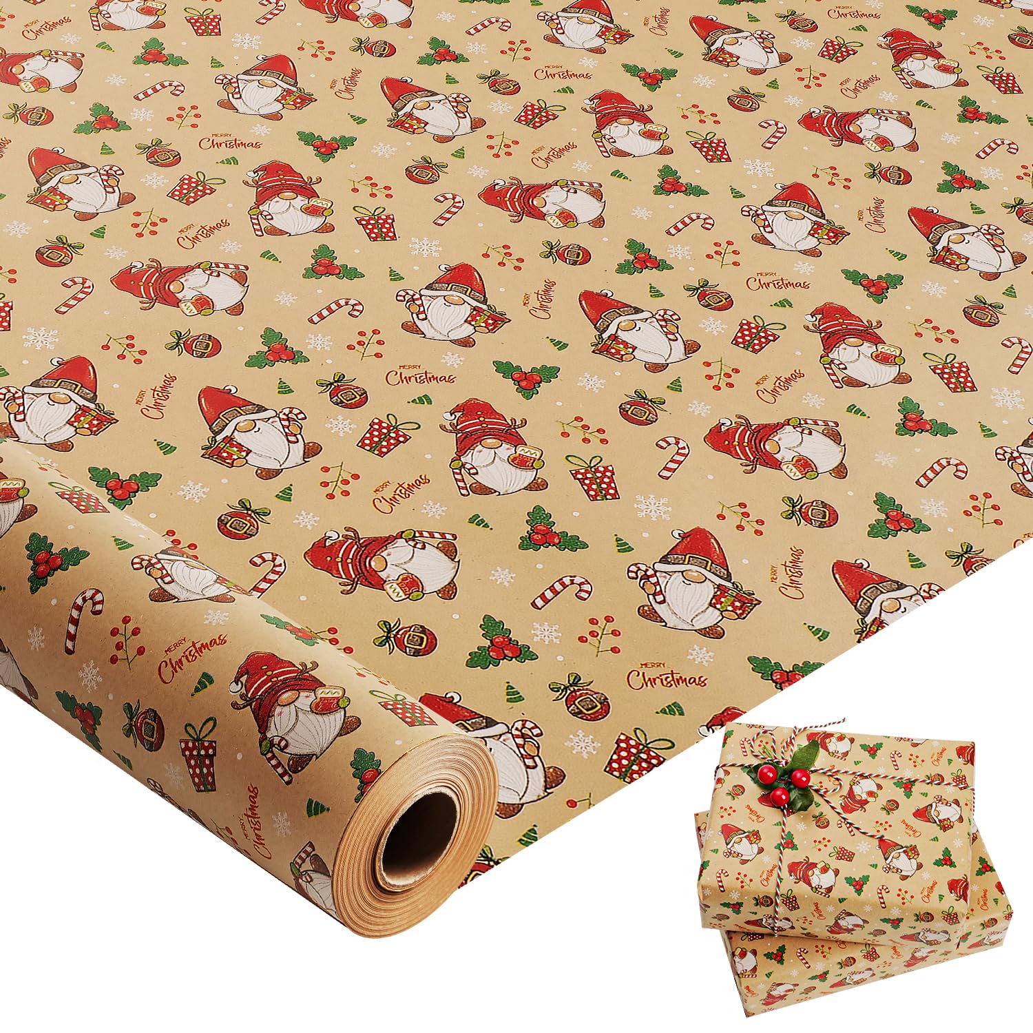 44cm×15M Christmas Wrapping Paper Roll,Recyclable Kraft Wrapping Paper Printed with Santa Claus for Birthday Xmas Party Gift Boxes Present Decorations