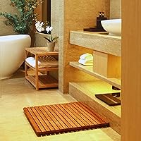 Vista 6 de Alfombrilla de ducha y baño de estilo nórdico Premium de teca para uso interior + exterior Plataforma de madera antideslizante para spa, sauna