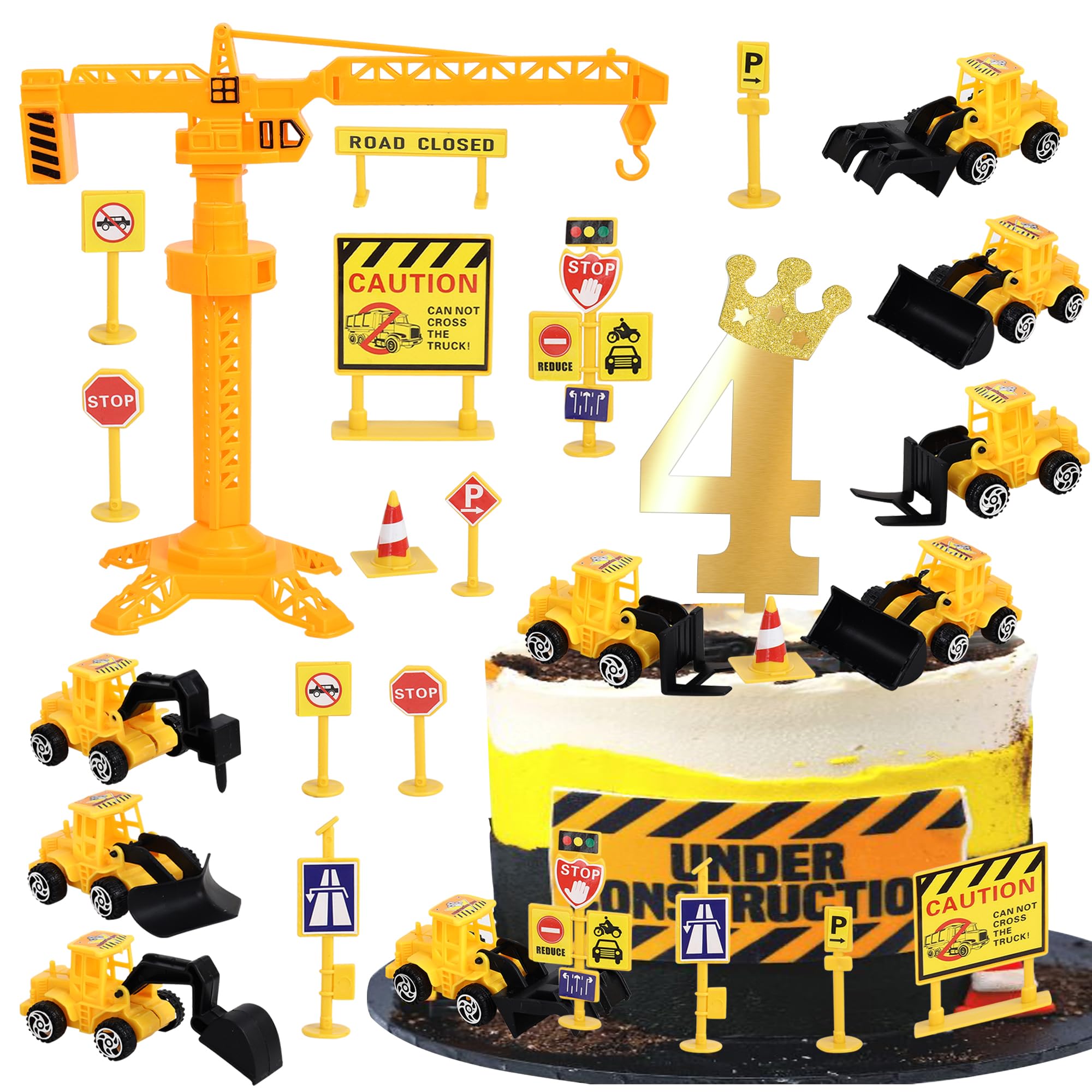 17 Pack Construction Vehicles Cake Toppers Set Acrylic Number 4 Cake Picks Road Sign Tower Digger Cupcake Toppers for Construction Theme Baby Shower Kids 4th Birthday Party Cake Decorations Supplies