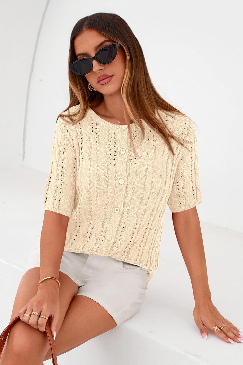 MASCOMODA Women Summer Cable Knit Crochet Cardigan Sweaters Casual Button Short Sleeve Sweater Cute Beach Hollow Out Knit Top - Image 5