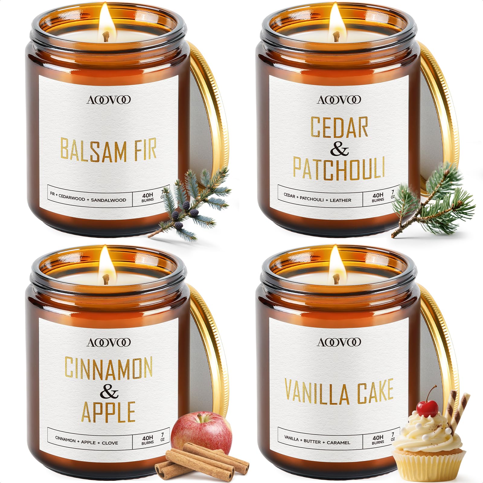 AOOVOO Christmas Candle Set - 4PC Scented Candles, 28 oz Soy Candles, Soy Candle for Home Scented, Balsam Fir/Cedar&amp;Patchouli/Cinnamon&amp;Apple/Vanilla Cake