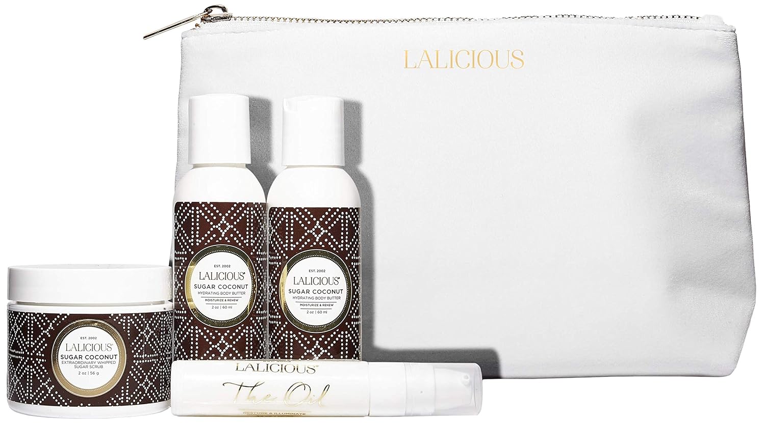 LALICIOUS Sugar Coconut Travel Set - Whipped Sugar Scrub (2oz), Shower Oil & Bubble Bath (2oz), Body Butter (2oz) & Body Oil (10ml) in a Luxe Velour Makeup Bag | 4 Piece Set