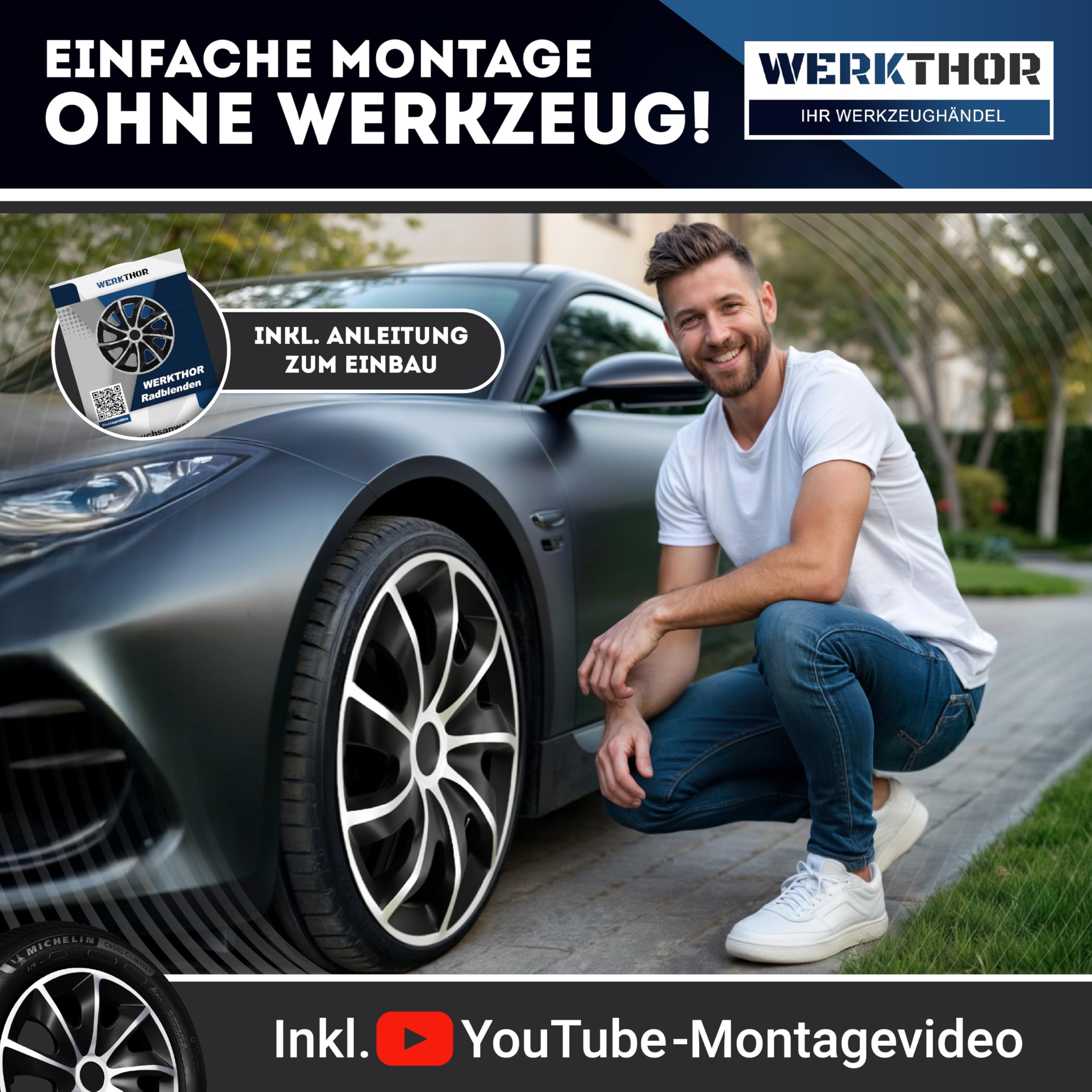 WERKTHOR Copricerchi 16 Pollici – Set 4 Copricerchi da 13 a 16 Pollici Nero/Argento – Copri Cerchi 15 Pollici per Auto – Borchie Robuste per Cerchi in Acciaio