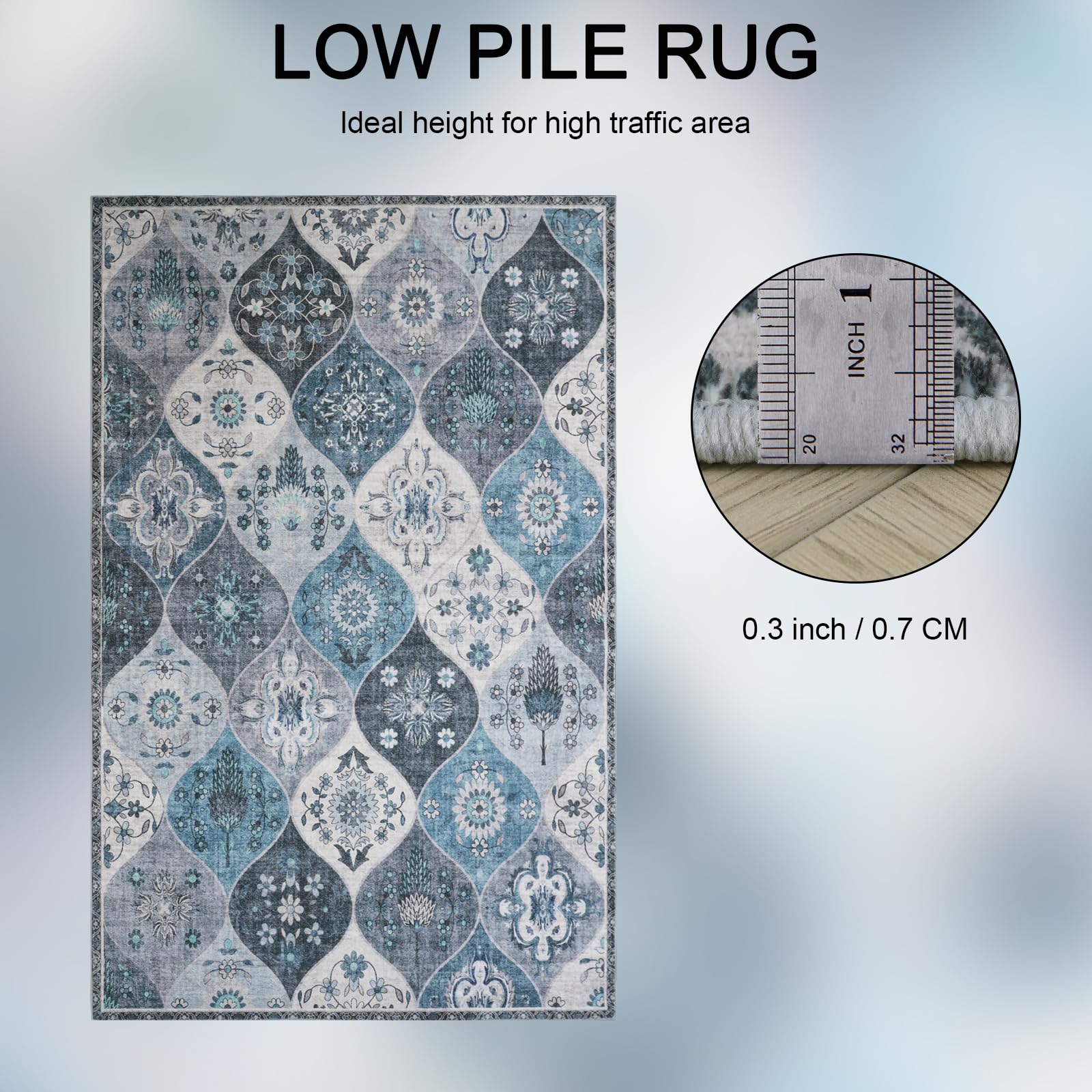 Xfrog Tapis marocain à motif treillis lavable pour salon, chambre d'enfant, chambre à coucher, bureau - Motif floral rétro - Antidérapant - 200 x 300 cm