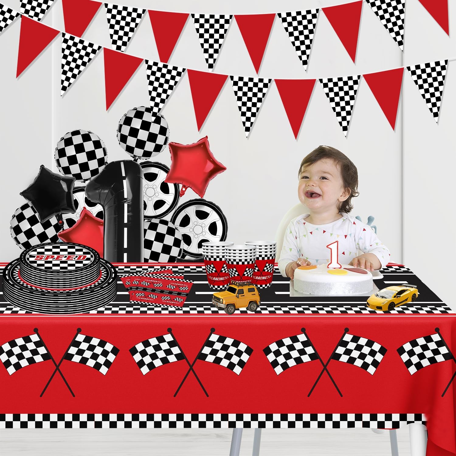 83Pcs Racing Car Theme Party Supplies Set Race Car Party Binnerware Set Racecar Birthday Decorations Checkered Racer Birthday Dinnerware Start Engines Racing Themed Tableware Set Serves 20 - Image 3