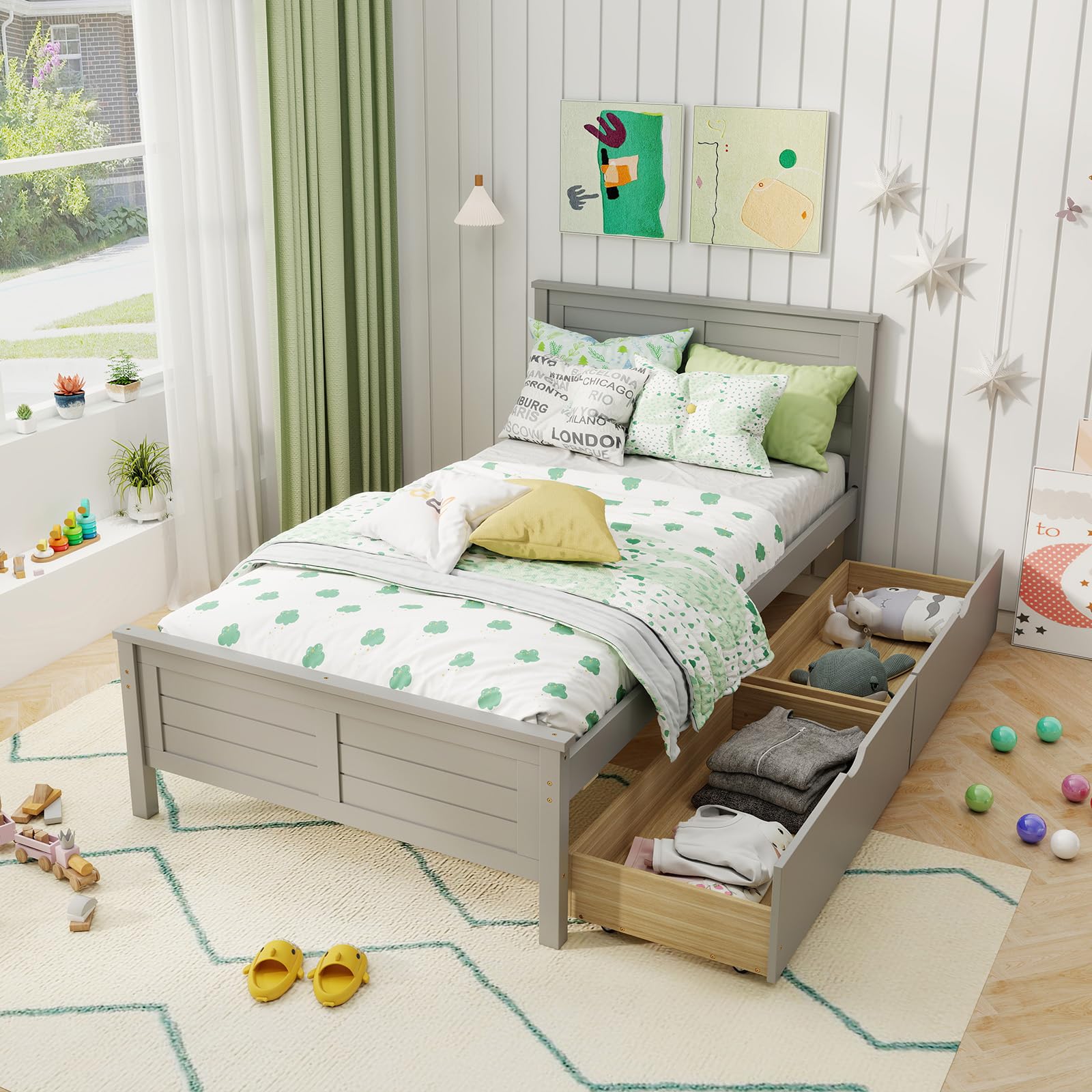 KOMFOTT Twin Size Wood Bed Frame with 2 Storage Drawers, Mid Century Platform Bed Frame with Headboard, Sturdy Wooden Slats Support, Modern Mattress