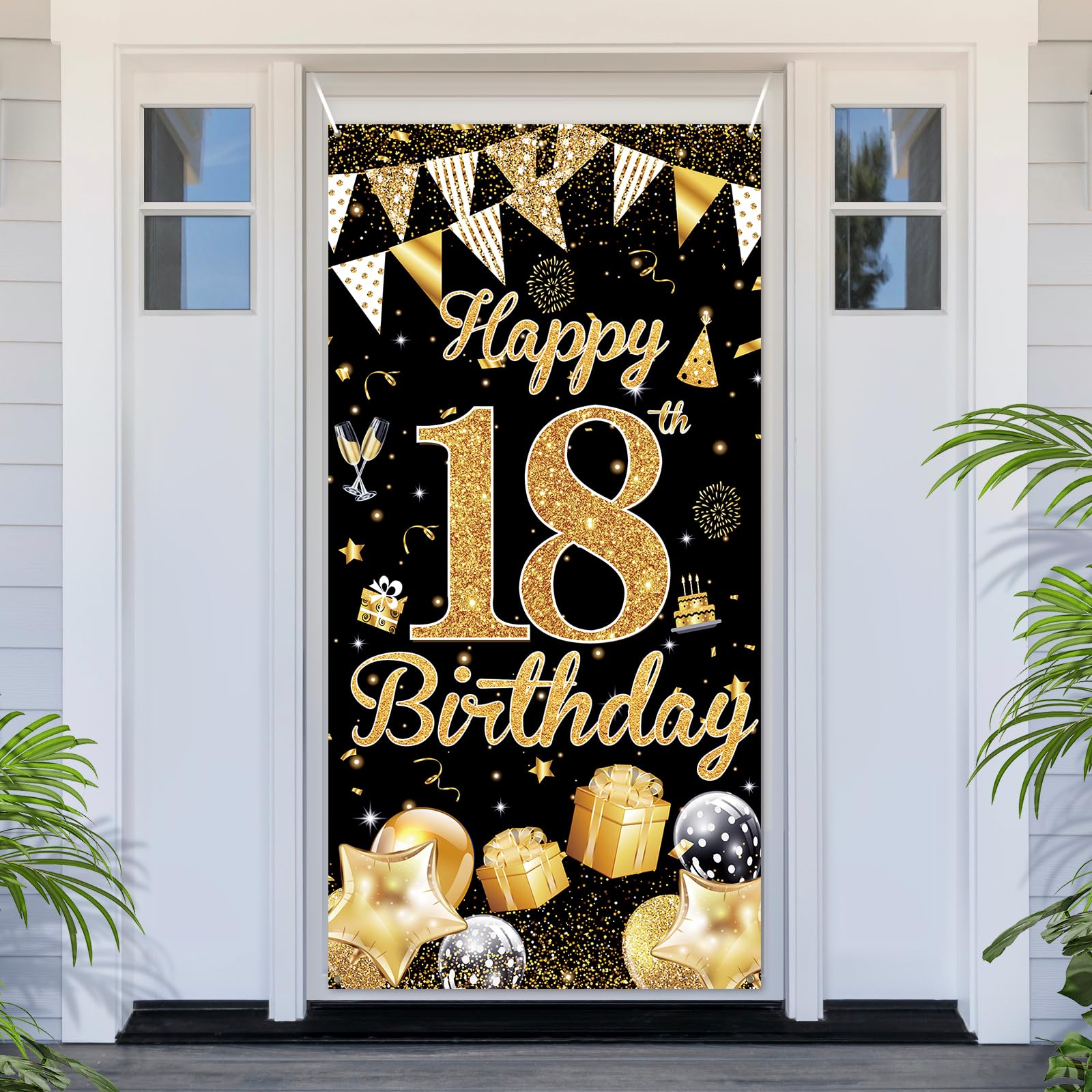 PartyYaa 18th Birthday Banner, Happy 18th Birthday Door Cover Decorations, Extra Large Black Gold Party Banner Photo Booth Decor Sign Poster for Indoor Outdoor