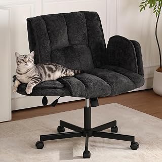 Criss Cross Office Chair with Wheels and Foldable Arms, Black | Wide cross-legged desk chair, built-in airbag lumbar support, soft chenille fabric, for home office, vanity, meditation