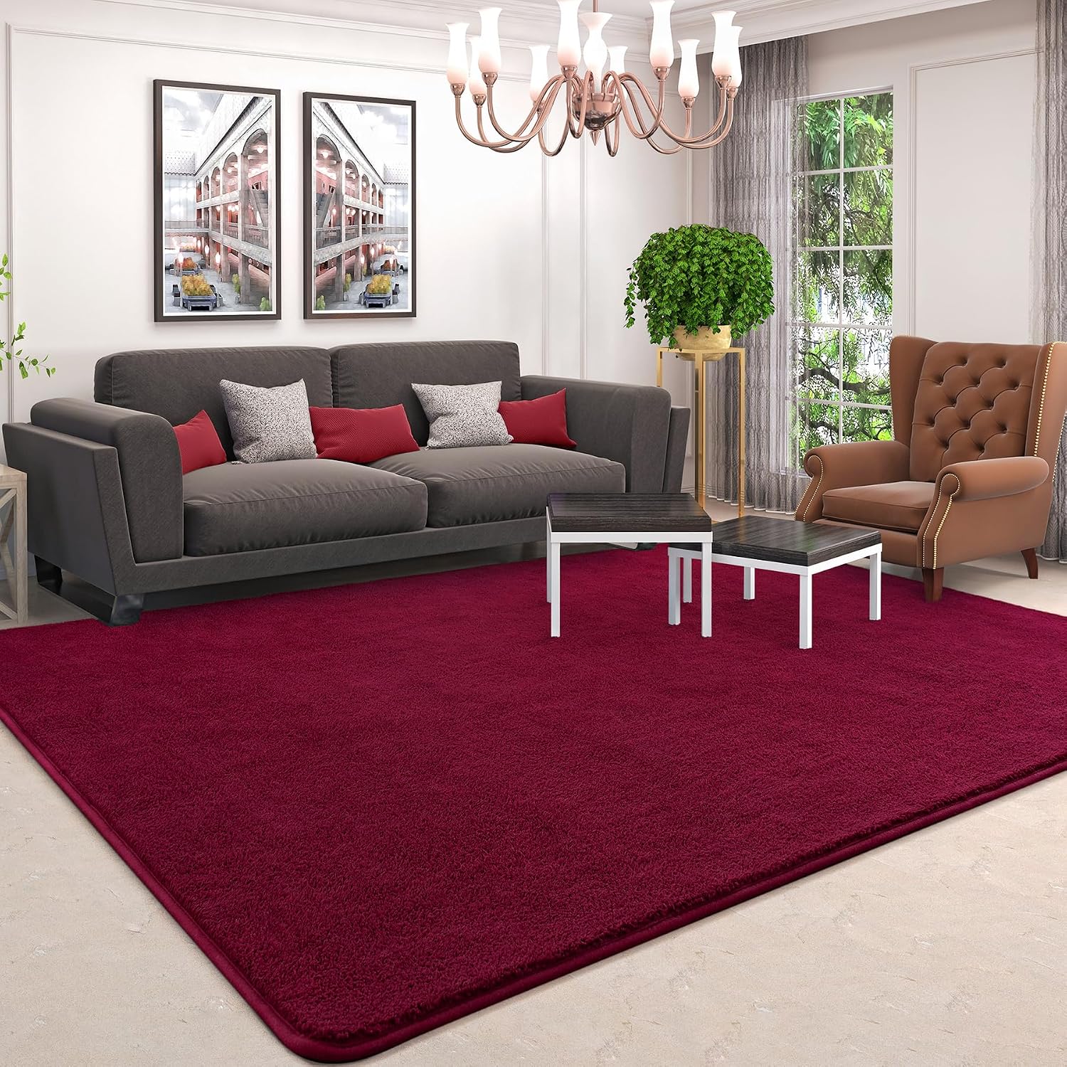AROGAN Modern Shag Area Rug for Bedroom, 4x6 Feet Washable Rugs for Living Room, Indoor Floor Carpet Rugs, Plush Memory Foam Bedside for Kids Girls Teens Room Low Pile Rug Decor, Wine Red