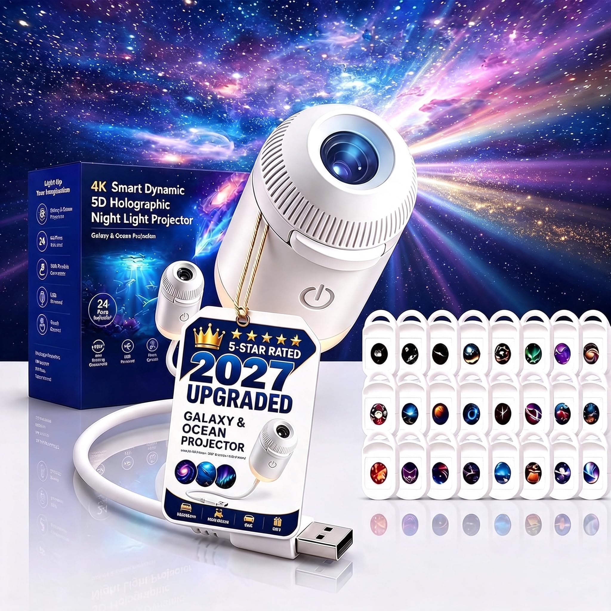 Comauo Sternenprojektor, Ozean- & Galaxie-Projektor mit 24 Projektionsfolien, USB-betrieben, dimmbar, Plug & Play HD Projektor