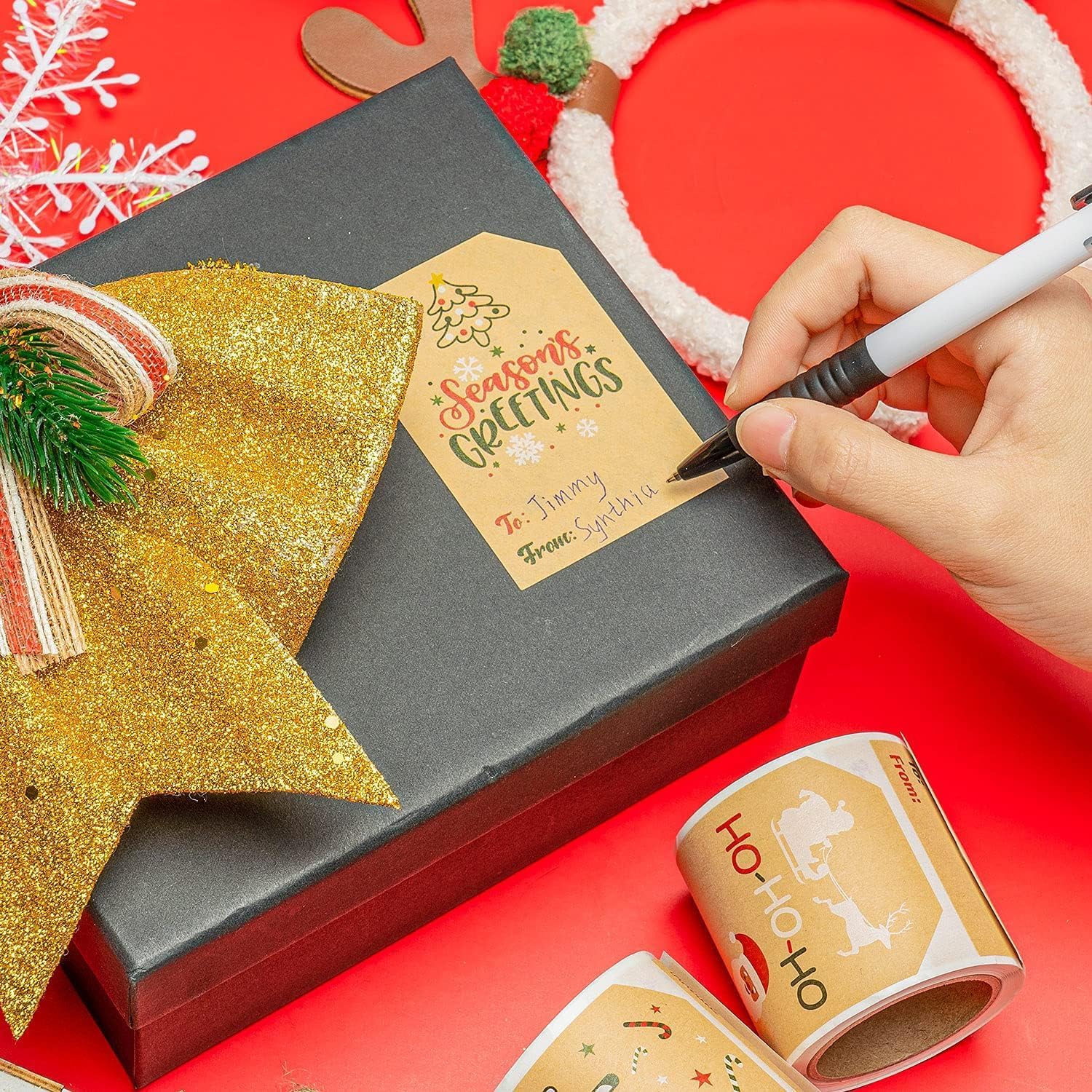 Haooryx Kraft Christmas Gift Tags - 160Pcs Self-Adhesive Kraft Color Christmas Gift Tags Santa Claus Stickers Paper Name Writable Label Xmas Winter Party Presents Package Envelope Seals Cards Labels - Image 5