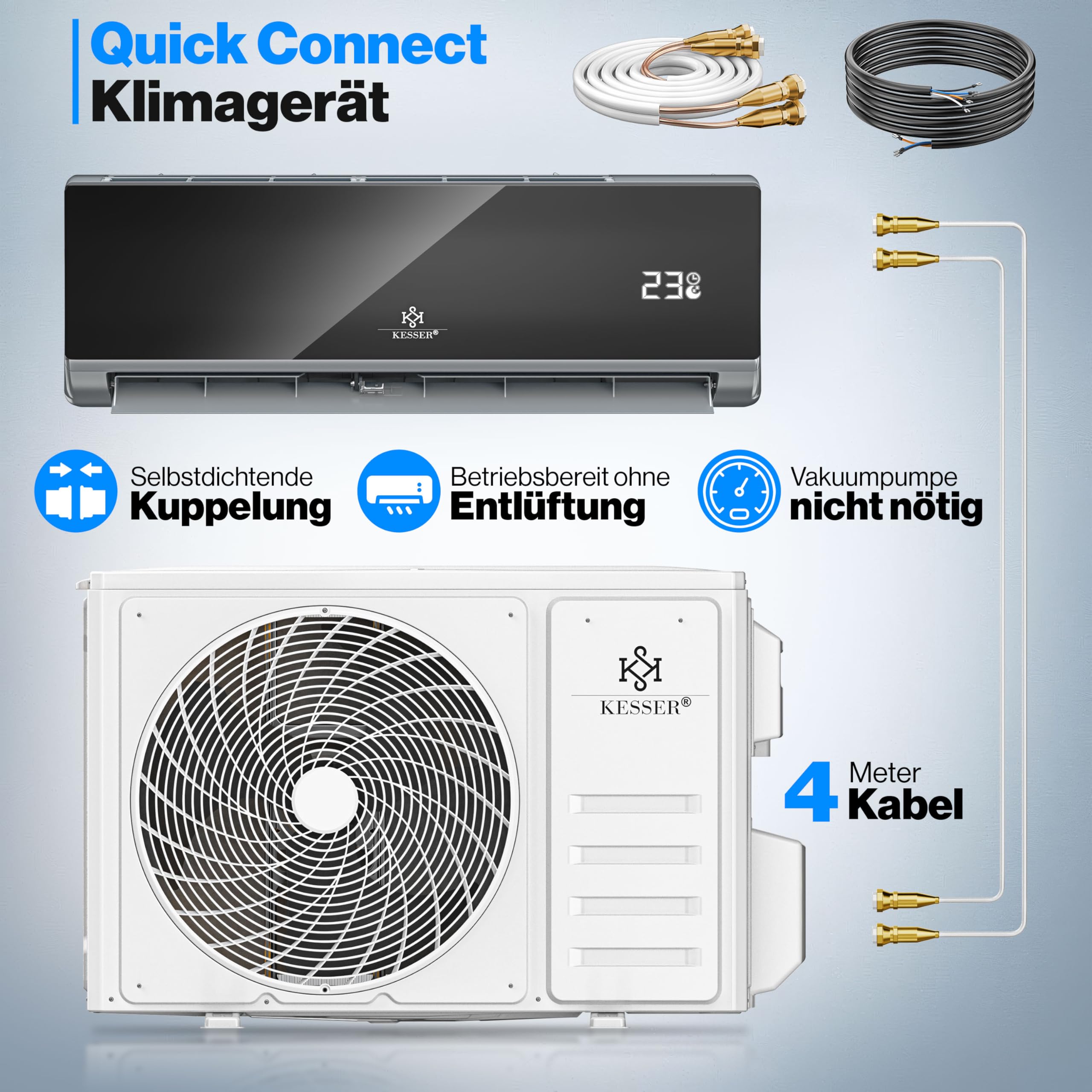 Kesser® Kit de climatisation Split Quick Connect 12000 BTU 3,4 kW – Appareil climatiseur WiFi & App avec fonction de chauffage & mode de refroidissement Climatiseur mural, avec tuyauterie en cuivre