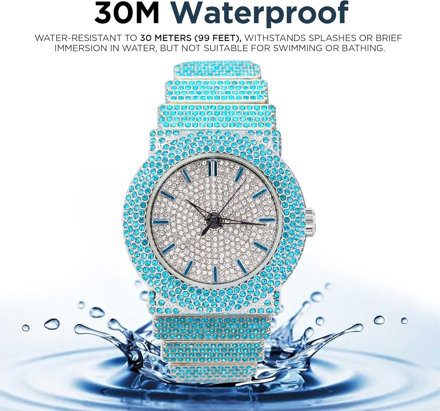 Unisex Full Iced Bling Out Luxury Fashion Lab Diamond CZ Round Quartz Movement White Gold Plated Celebrity Party Pink Watch - Gift Box