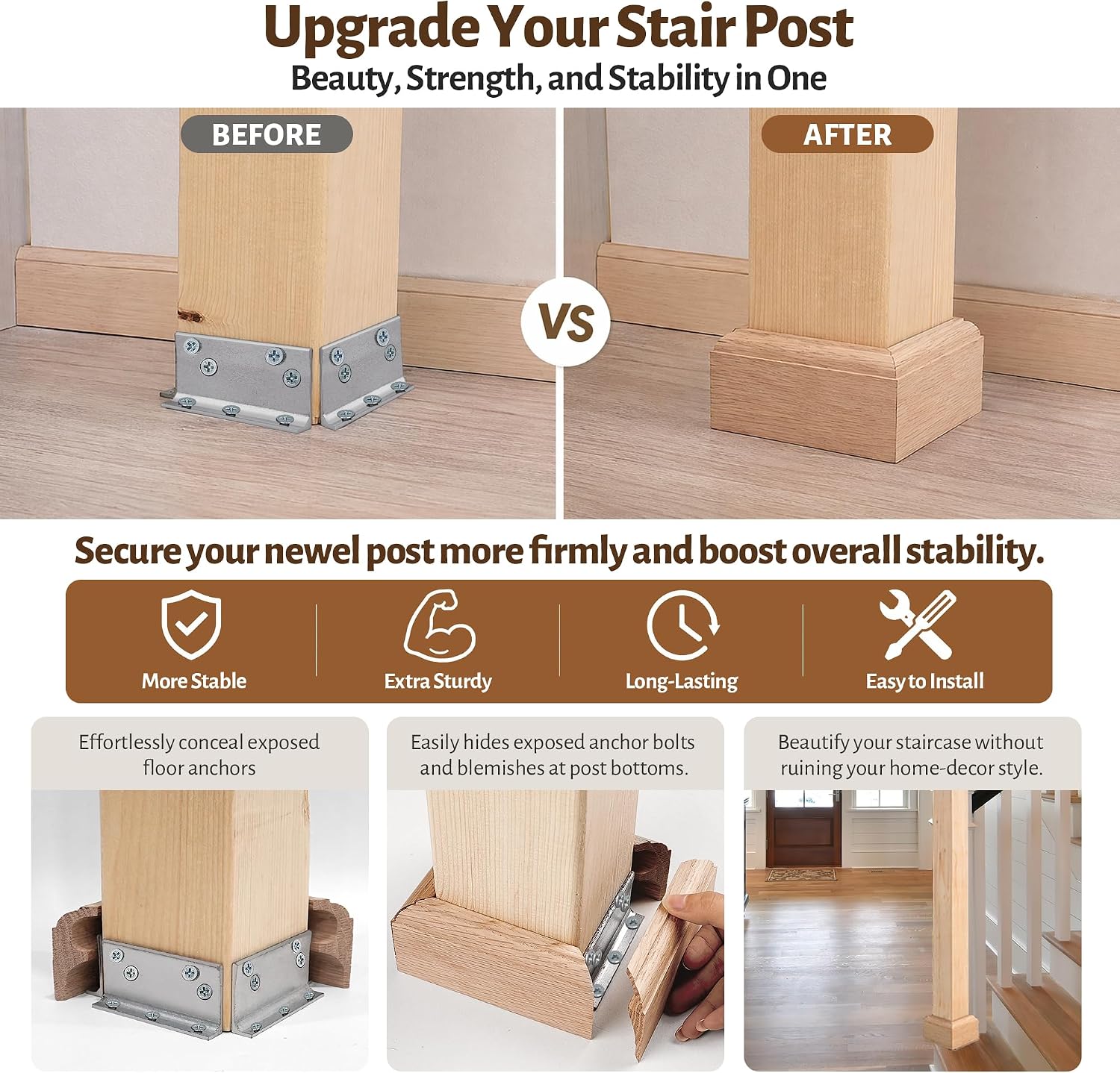 2 Set L Brackets Newel Post Mounting Kit 3.58" X 3.58" Post Base | Includes 8PCS L Bracket Metal Post Anchor & Red Oak Wooden Post Base Trim, Hidden Newel Post Fastenering Handrails for Stairs