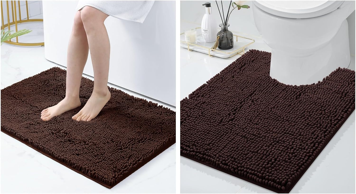 Smiry Chenille Bathroom Rugs 36x24 and U-Shaped Toilet Bath Rugs 24x20, Extra Soft and Absorbent Shaggy Bath Mat, Machine Washable, Non-Slip Plush Carpet, Brown