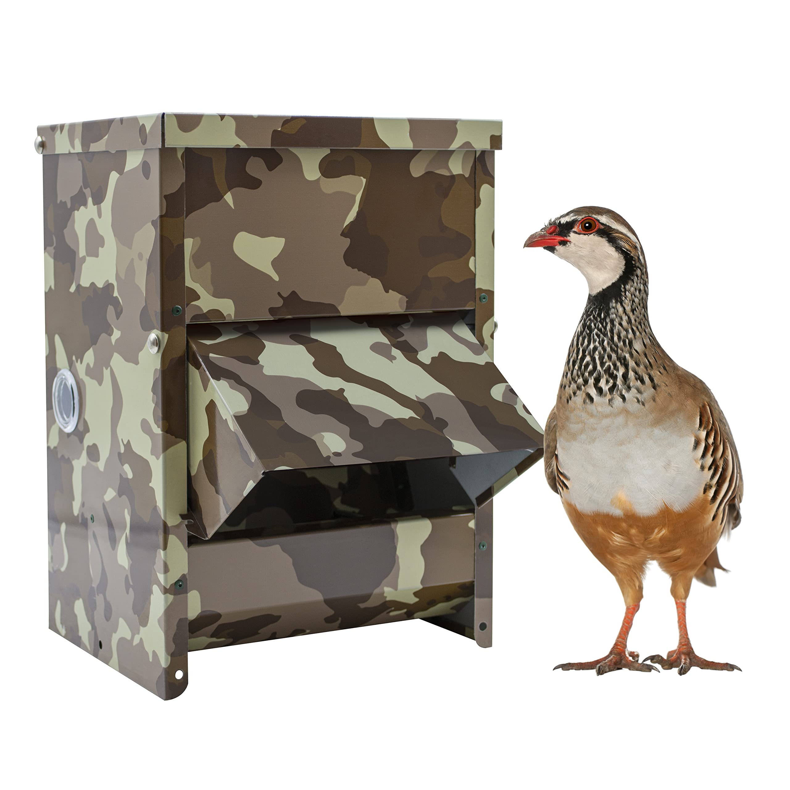 Mangiatoia per Galline con Visiera Antipioggia | Tramoggia Colorata Mimetica per Pollame | Alimento Secco e Protetto | Copertura Anti-roditore | Capacità 10L
