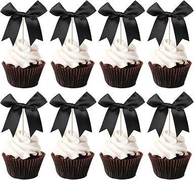 24 PCS Bow Cupcake Toppers Bowknot Cake Toppers Bow Cupcake Picks Bowknot Birthday Party Decorations Bow Cake Dessert Picks for Wedding Bridal Engagement Baby Shower Birthday Party Supplies Black