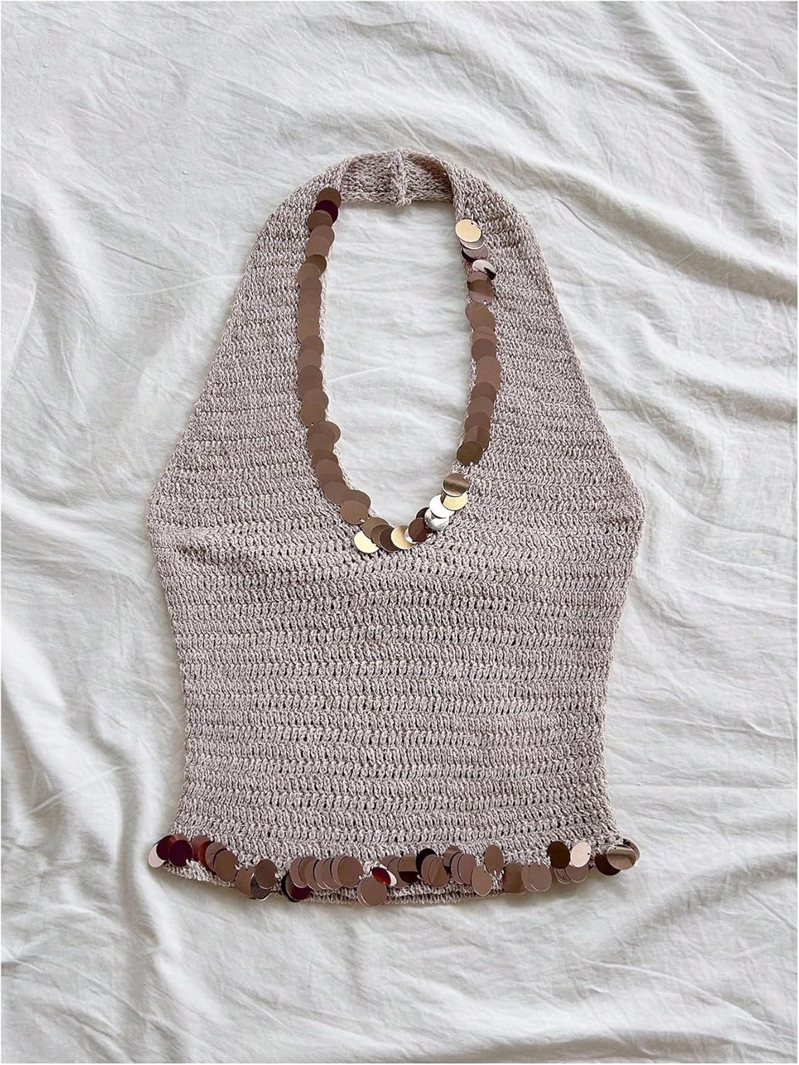 MakeMeChic Women's Y2k Sparkly Sequin Halter Tops Party Low Cut Backless Knit Crop Tops - Image 3