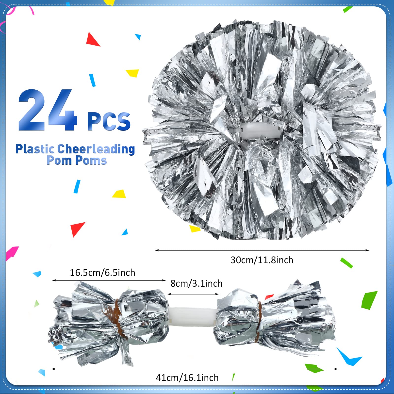 Yunsailing Cheerleading-Pompons mit Taktstockgriff, 36,7 cm, metallisch, Cheering Squad, Pompons für Teamsport, Fußball, Tanzen, Jubeln, Erwachsene, Silber, 24 Stück