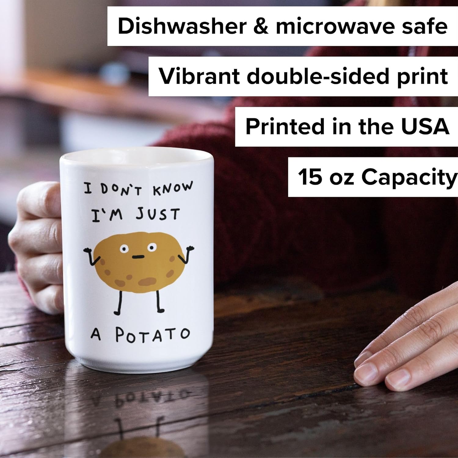 LookHUMAN Funny Coffee Mugs - I Don't Know I'm Just A Potato - Cute Novelty Cup, Unique Gift Ideas For Gamers, Foodies, And Humor Fans - Durable Ceramic & Vibrant Print Drinkware For Women & Men, 15oz - Image 2