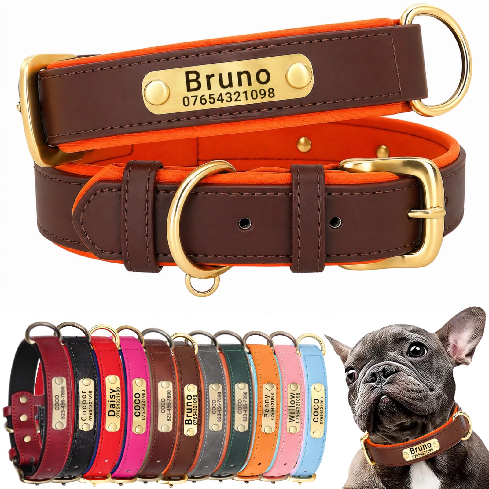 SEOUGEE Genuine Leather Dog Collar Personalised, Soft Padded Leather Dog Collars Heavy Duty with Custom Engraved Name Plate Adjustable for Small Medium Large Dogs (S, Brown & Orange23-32cm) — image 1