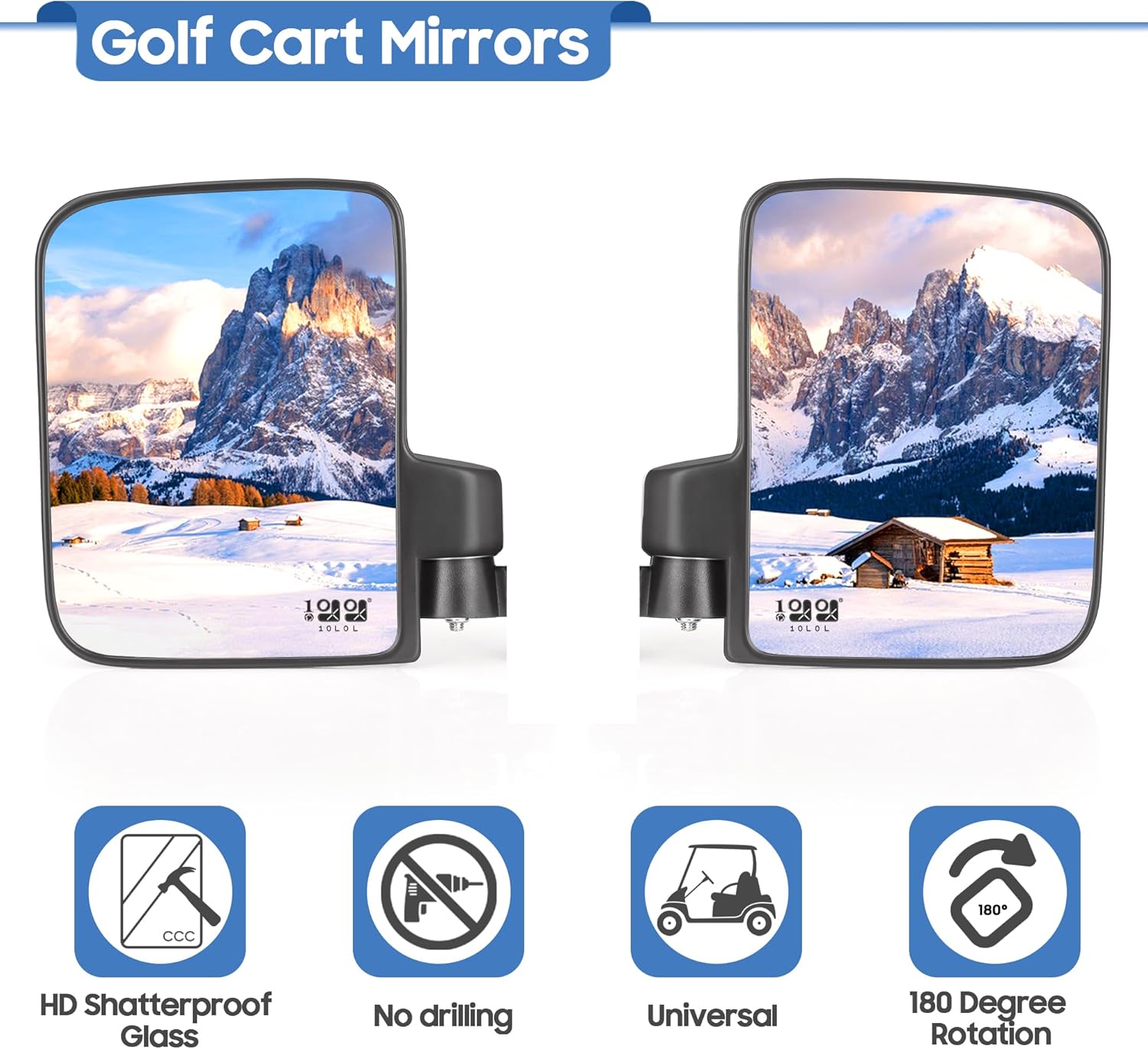 Golf Cart Side Mirrors, No Drilling 180 Degree Rotation & Foldable-HD Shatterproof Glass Mirrors for Golf Cart Club Car EZGO and Other (Multiple Size Clips) (New for 2026)