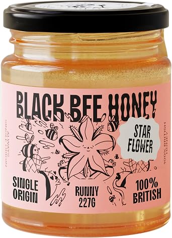 Black Bee Honey - Starflower Honey Pure British Borage Light Sweet and Floral, Unprocessed, Single Source from Hive to Jar, Never Blended - Delicious on Toast or Soothing in Drinks, 227g Glass Jar