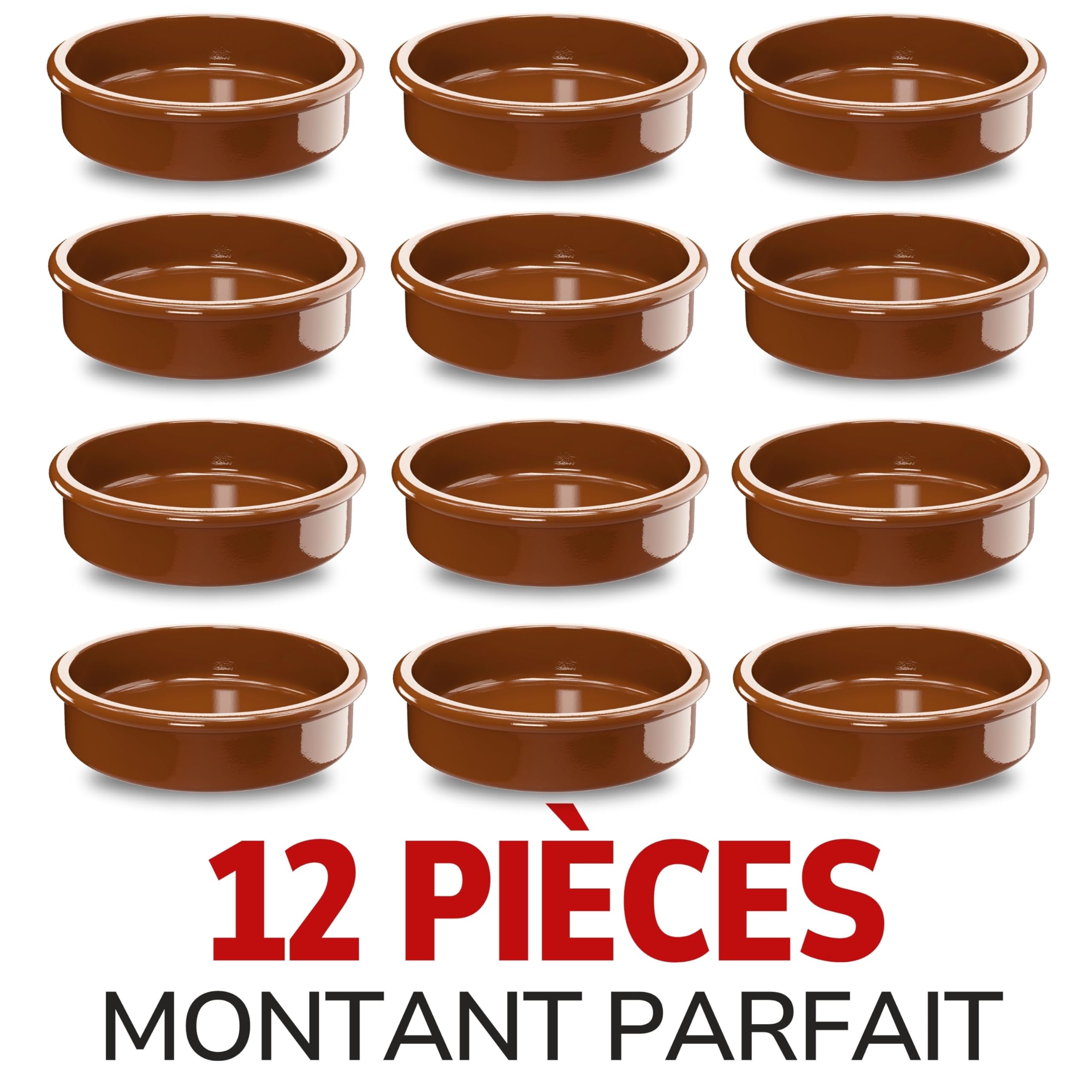 ToCi Lot de 12 bols à tapas, à Cazuela, à gratin, à dessert, en terre cuite, 175 ml, diamètre : 11,5 cm, barquettes méditerranéennes, traditionnelles, d'Espagne, marron
