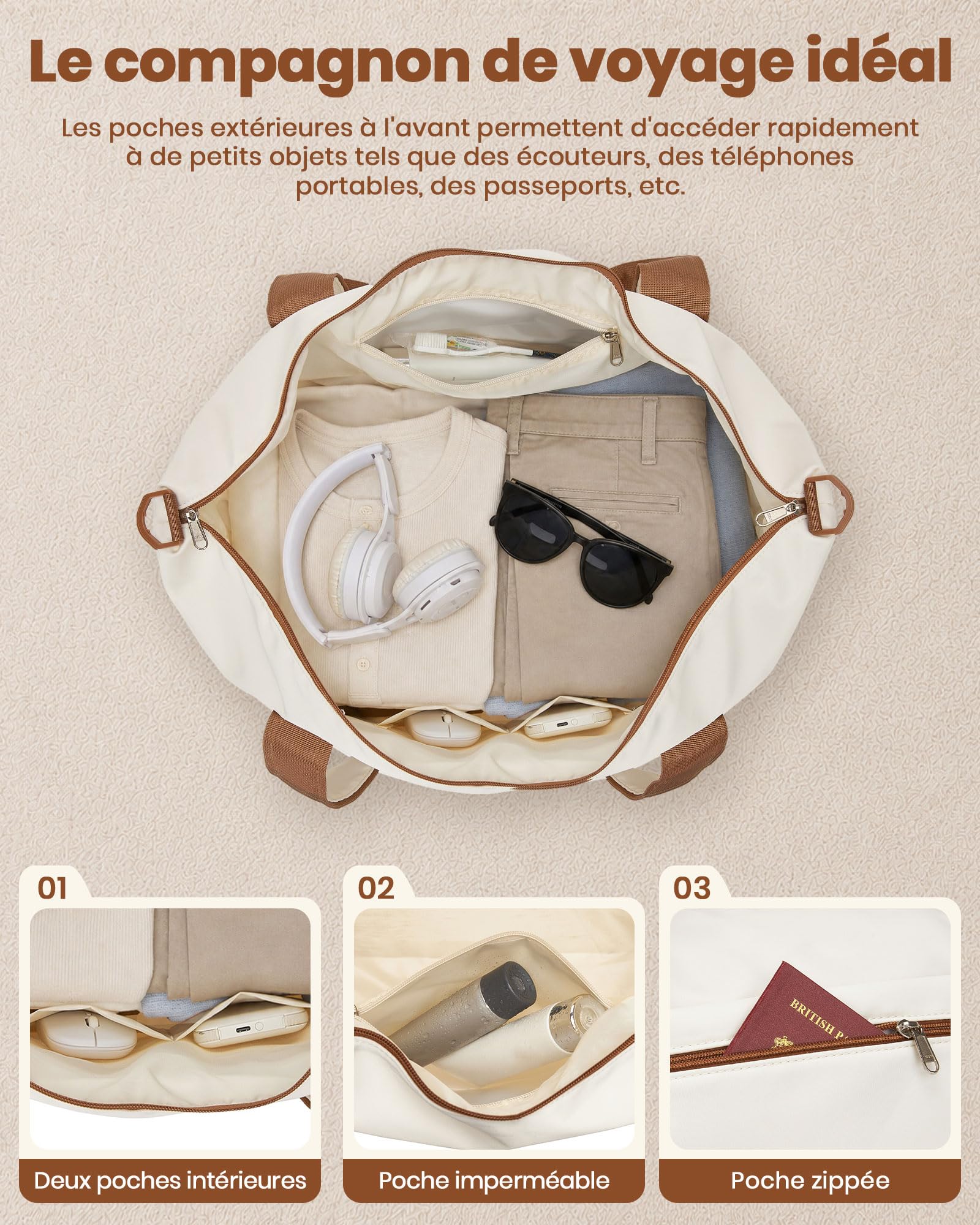 Kono Set de 3 Valises d'une Valise Grande Taille 75cm Extensible à Roues Silencieuses et Serrure TSA, Un Sac de Voyage à Poche Imperméable et Sangle pour Valise, et Une Trousse de Toilette (Crème)