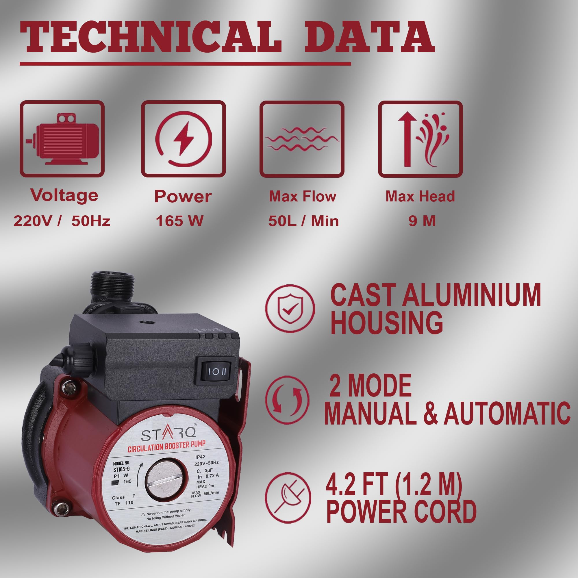 STARQ ST165-9 Inline Automatic Water Pressure Pump With Wall Mounting Bracket Suitable for Hot Water Circulation, Washing Machine, RO & Shower (RED) 1