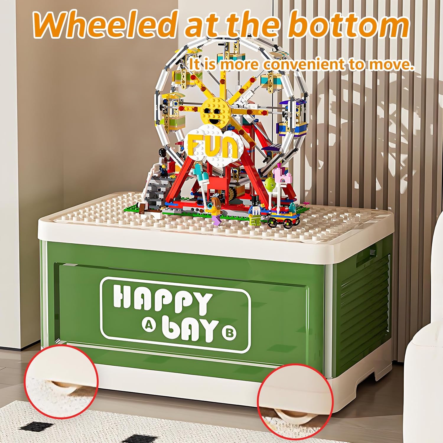 2 Pack Toy Storage Box for Lego,Toy Storage Organizer with Building Base Lids & Quiet Wheels, Double Layer Plastic Bins Box for Kids,Playroom,Bedrooms,Living Rooms (Red+Green)