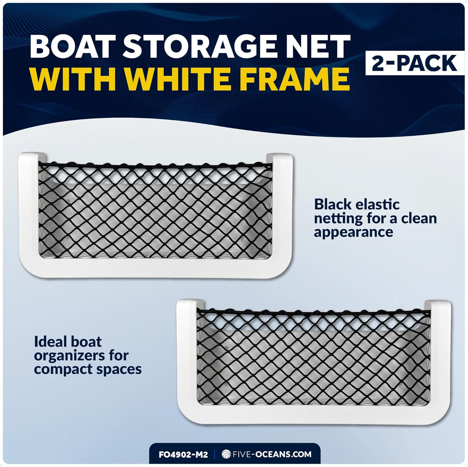 Five Oceans 2-Pack Boat Storage Net, White Frame, Black Elastic Netting, 9-7/8" x 4-1/2", Ideal Storage Net for Boat Organizer, Car, Rvs - FO4902-M2