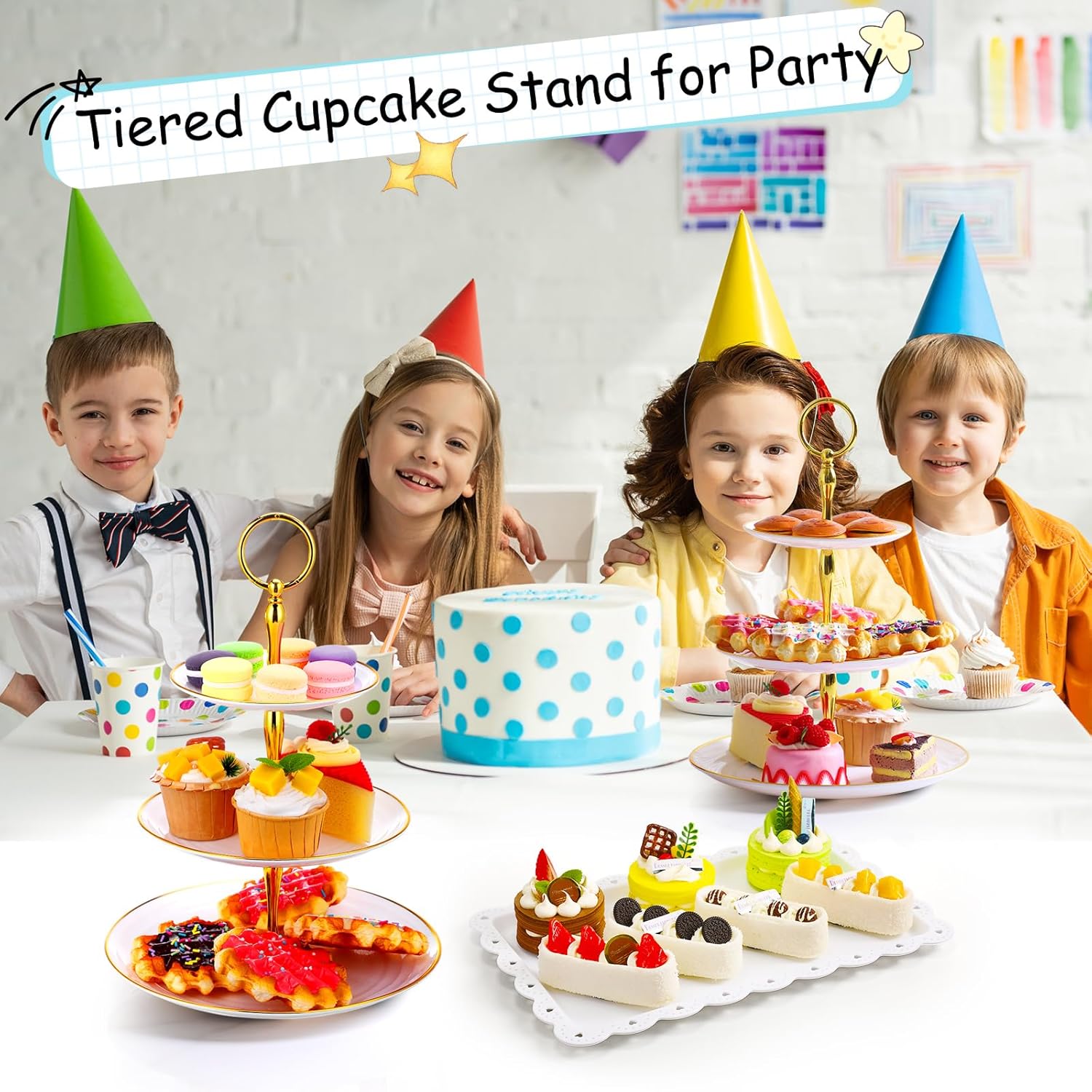 20 Pack Dessert Table Display Set 8 Pcs 3 Tiered Cupcake Stand with Gold Edges 12 Pcs White Dessert Serving Tray for Wedding Birthday Tea Party Decorations(Round)