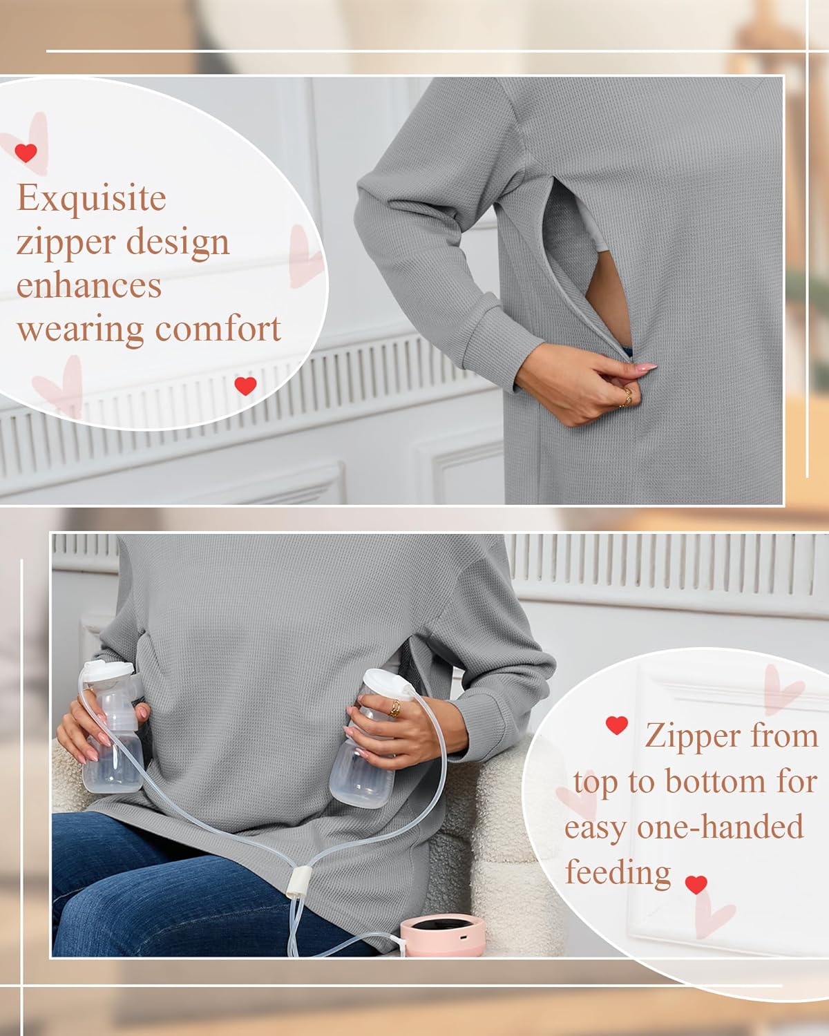 Oakgarden 3 Pack Women's Oversized Nursing Tops, Waffle Knit Breastfeeding Zipper Sweatshirt Long Sleeve Maternity Shirts