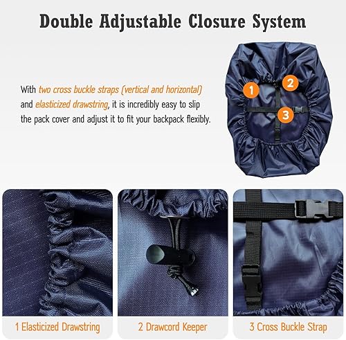 Miniatura 4 de sheelokhwui Funda impermeable para mochila (15-90 L), funda de nailon resistente con sistema de cierre doble ajustable mejorado y una bolsa de