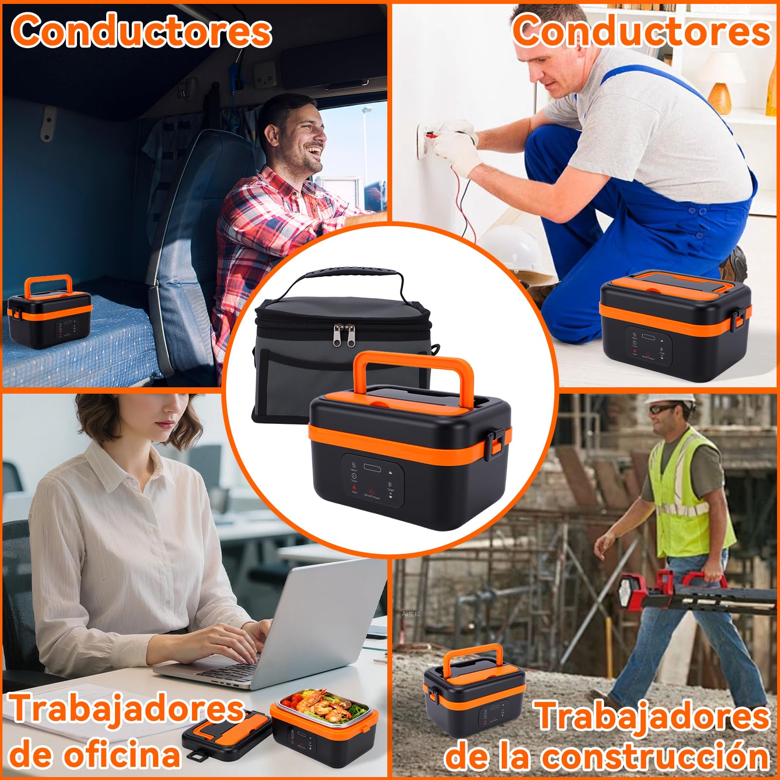 1L fiambrera electrica Calentador de Comida Portátil con Batería 16000mAh | Temporizador, Mantenimiento Calor con Bolsa de Almacenamiento para Cuchara y Para Oficina,Obra,Coche