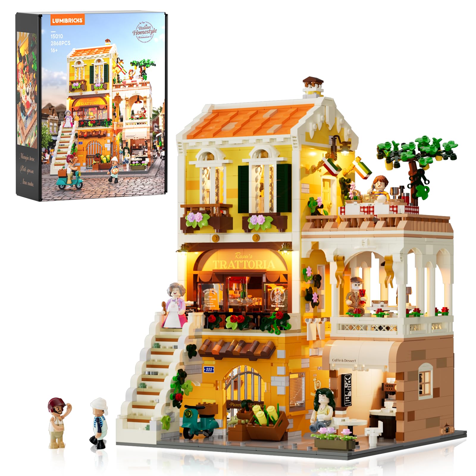 Lumibricks Italian Homestyle Restaurant Building Set with Light, 2868pcs Modular Building with Pizzeria & Cafe, Mediterranean Home Décor, for Food Lovers & Brick Fans